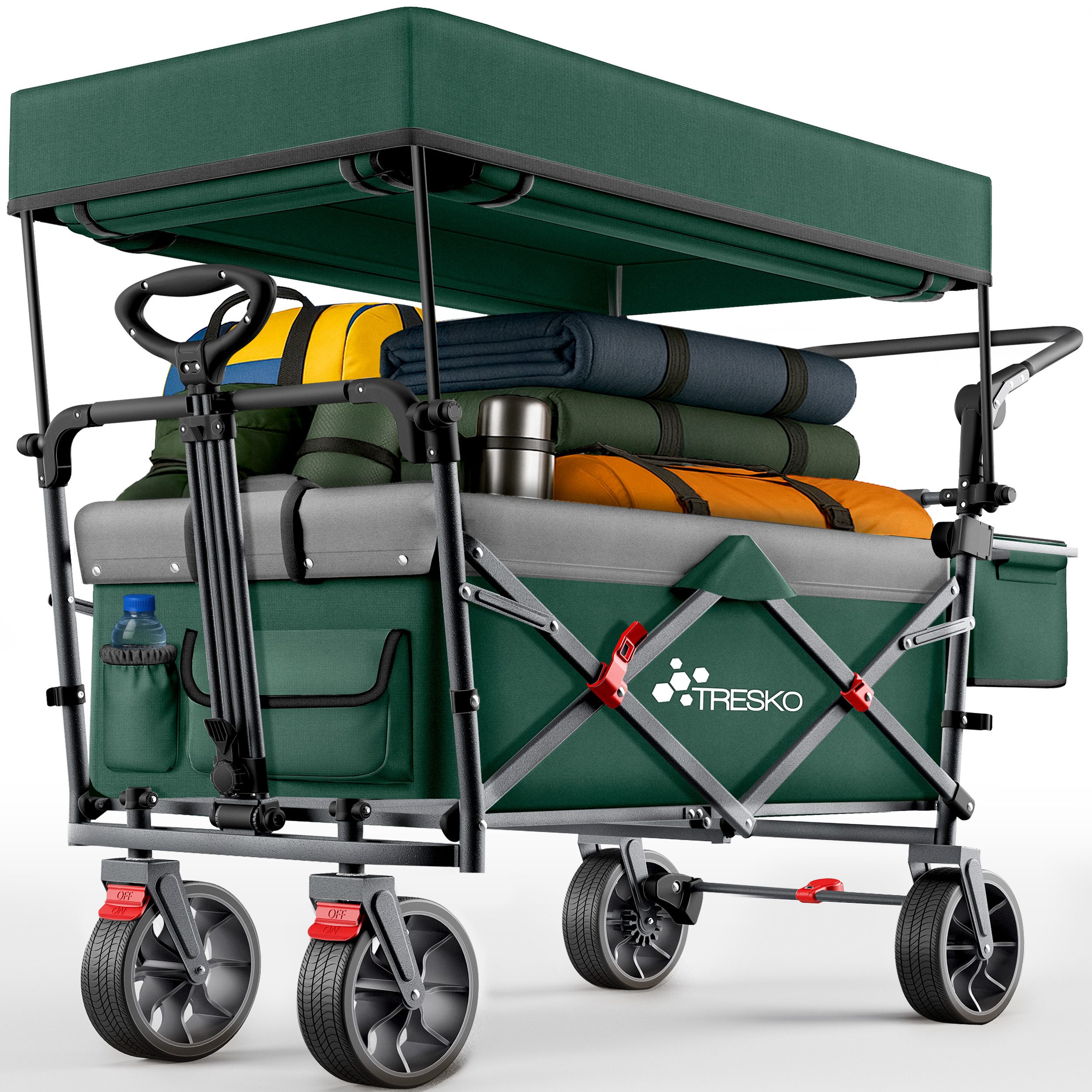 TRESKO Bollerwagen TRESKO Faltbarer Bollerwagen Handwagen (Feststellbremsen (Vorne & Hinten) und 3-Punkt-Gurt, max. belastbar bis 150kg Transportwagen mit Vollgummireifen), Faltbar mit Dach, Kühlfach & Seitenrollos Handwagen