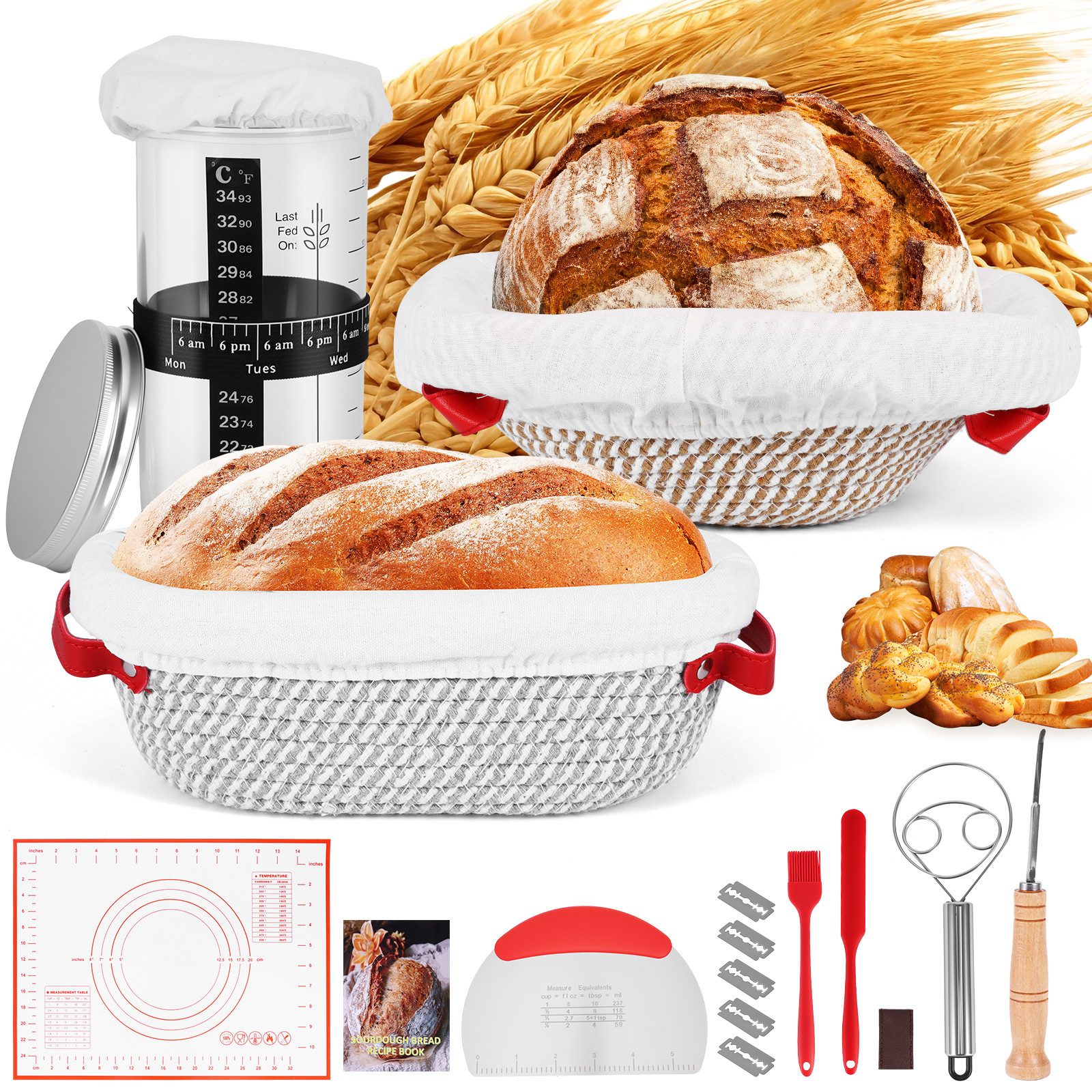 BlingBin Gärkorb 10-teiliges Gärkörbchen für Brotteig, Sauerteig-Starter-Set mit Liner, (17er Set 17-tlg), Brot Backen Werkzeuge, Sauerteig Brot Backen Zubehör für Anfänger