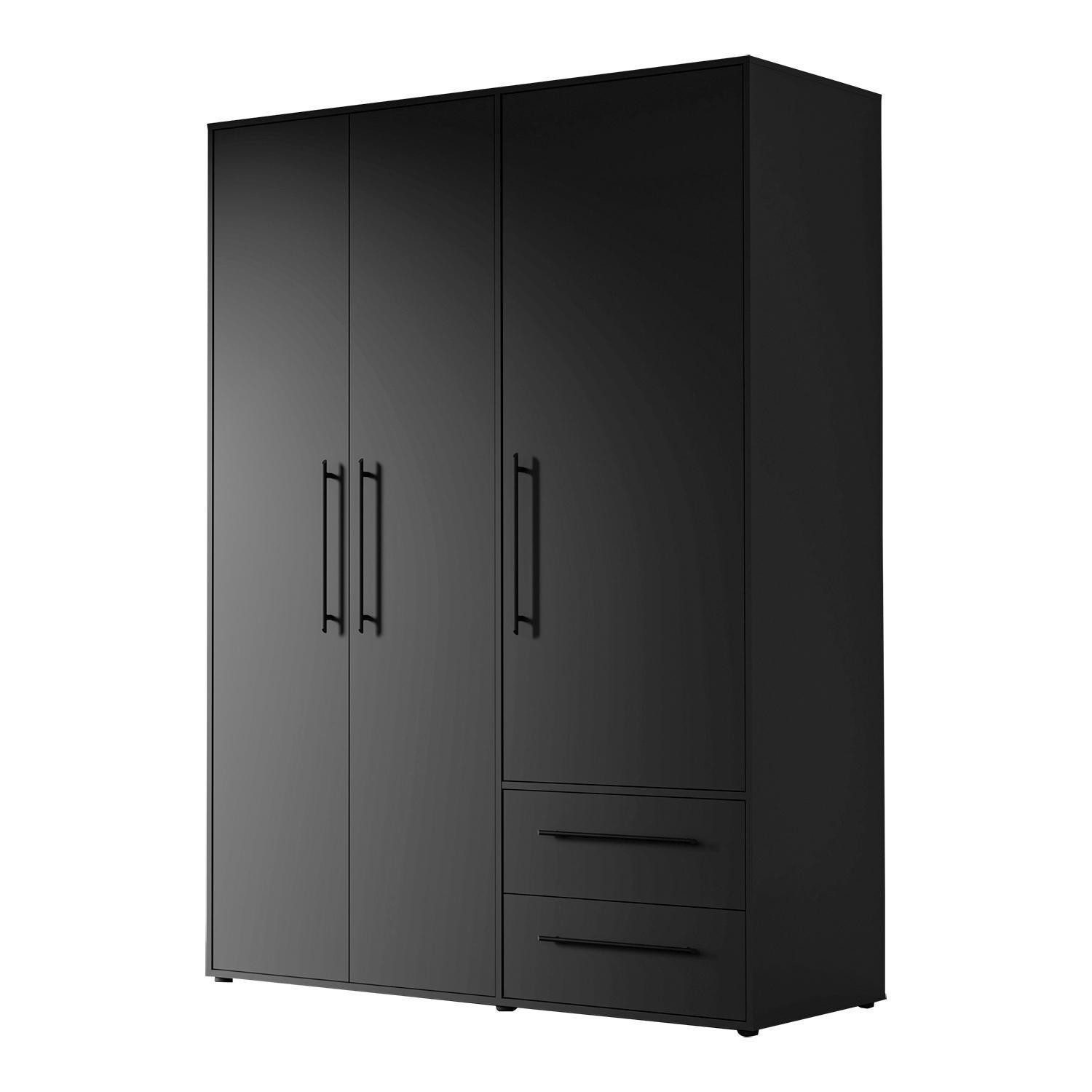 FORTE Drehtürenschrank MOKKARIS, Schwarz, 3 Türen, 2 Schubladen, 3 Einlegeböden, 1 Kleiderstange, B 144 x H 200 x T 59 cm
