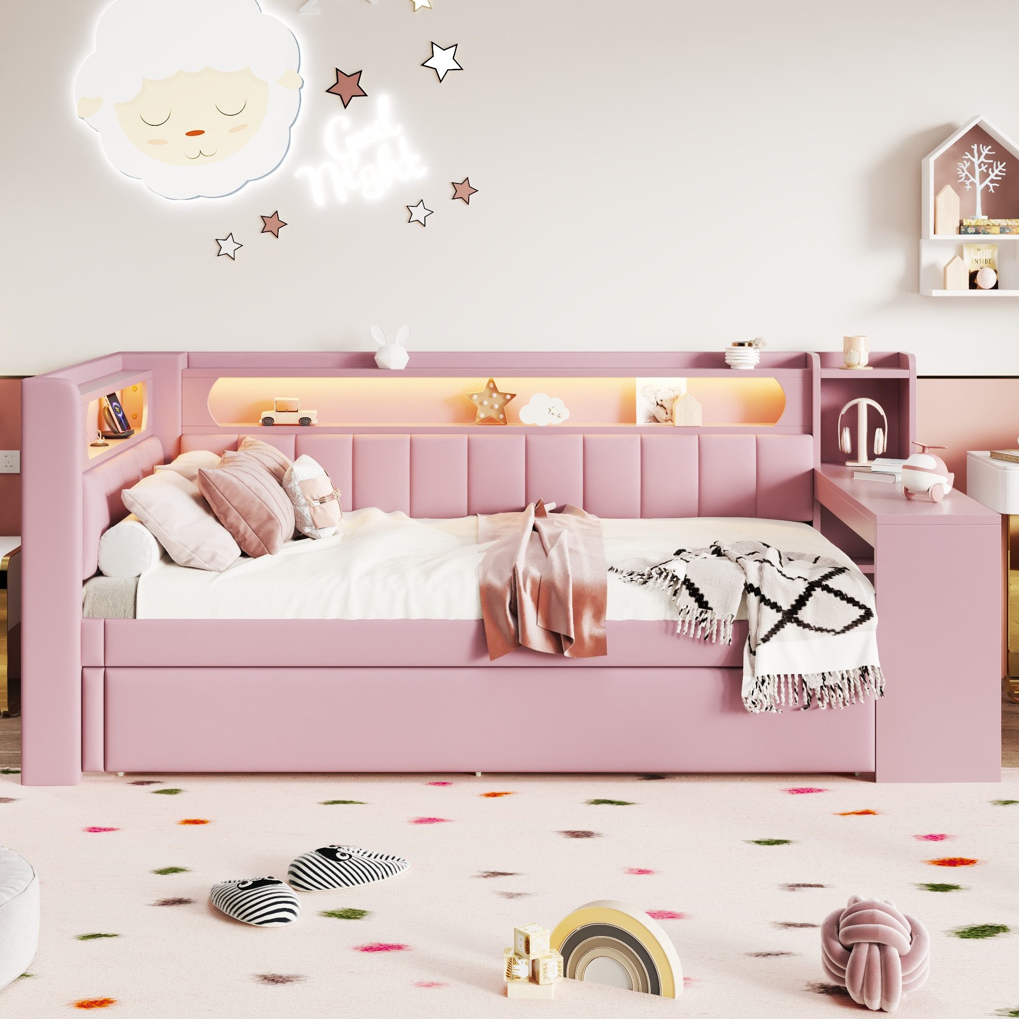 Flieks Daybett, Polsterbett 90x200cm mit Ausziehbett 90x190cm, USB, LED, Schreibtisch