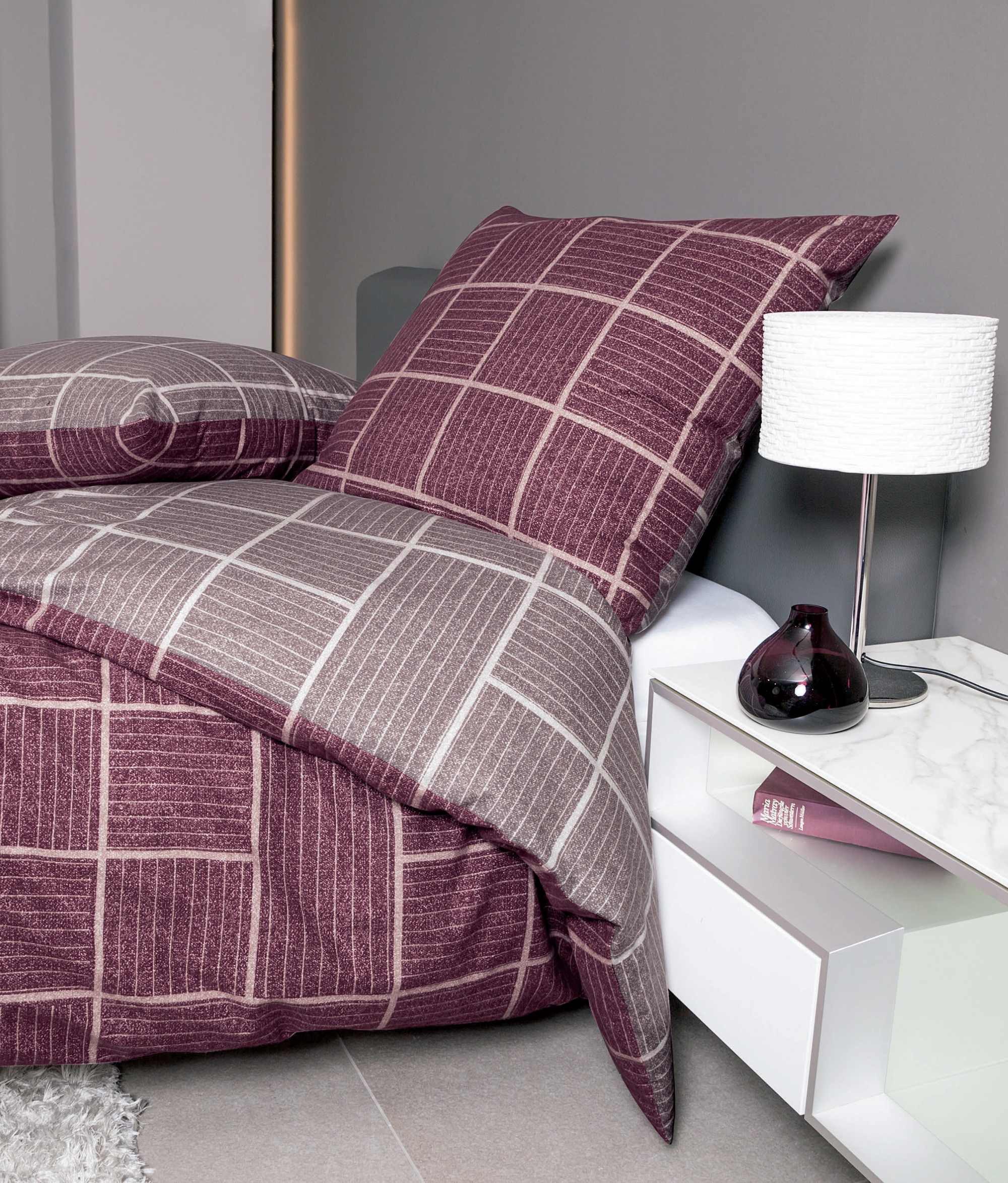 Janine Bettwäsche Janine Davos Biber Bettwäsche 155x220 Karo Wende aubergine mauve 65087, Biber, 2 teilig – Bild 2 von 2