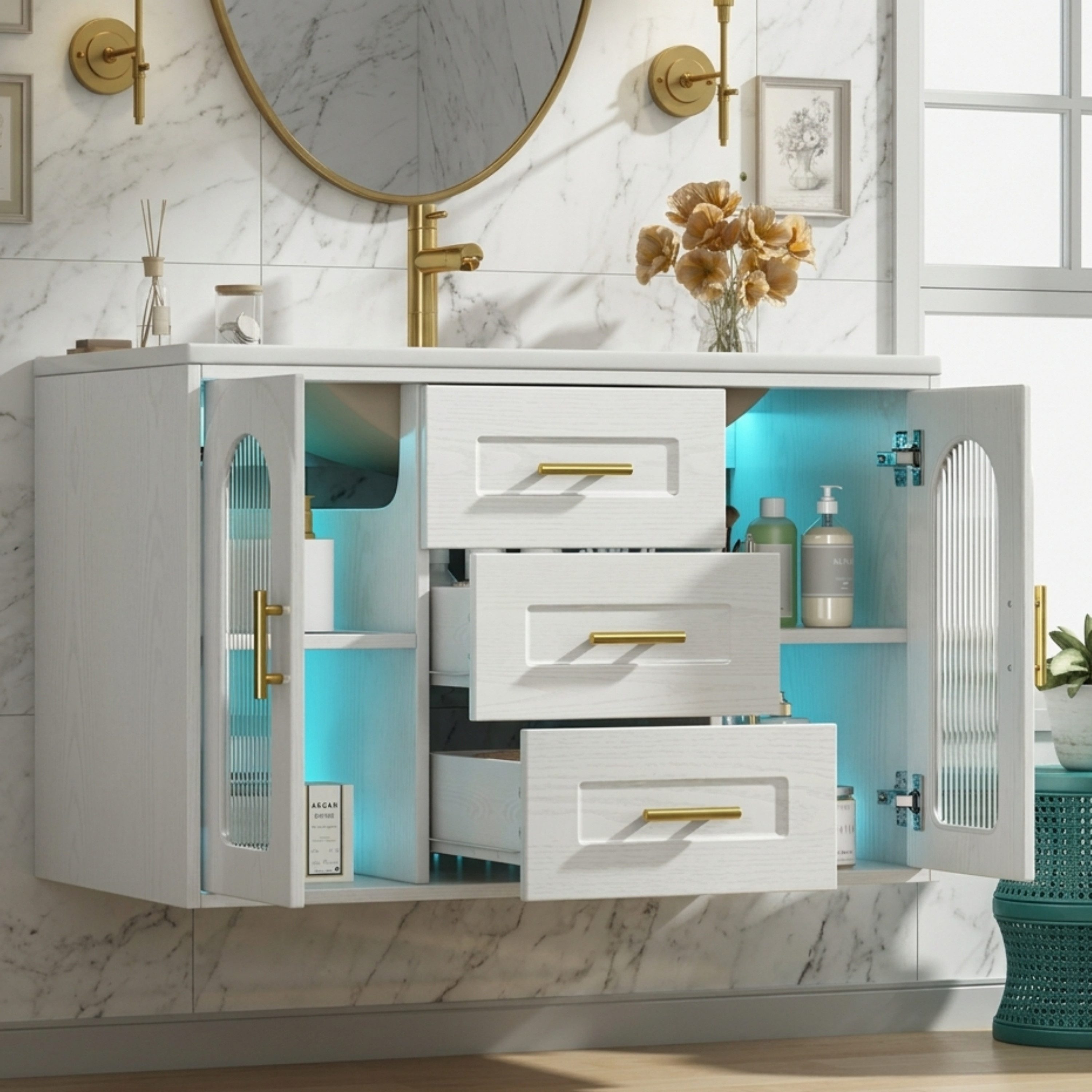 Merax Waschtisch mit Waschbecken, hängend Badmöbel mit LED-Beleuchtung (76×46×55 cm, 1-St., Badschrank ohne Wasserhahn), Badezimmerschrank mit 2 Glastüren, 3 Schubladen & Stauraum