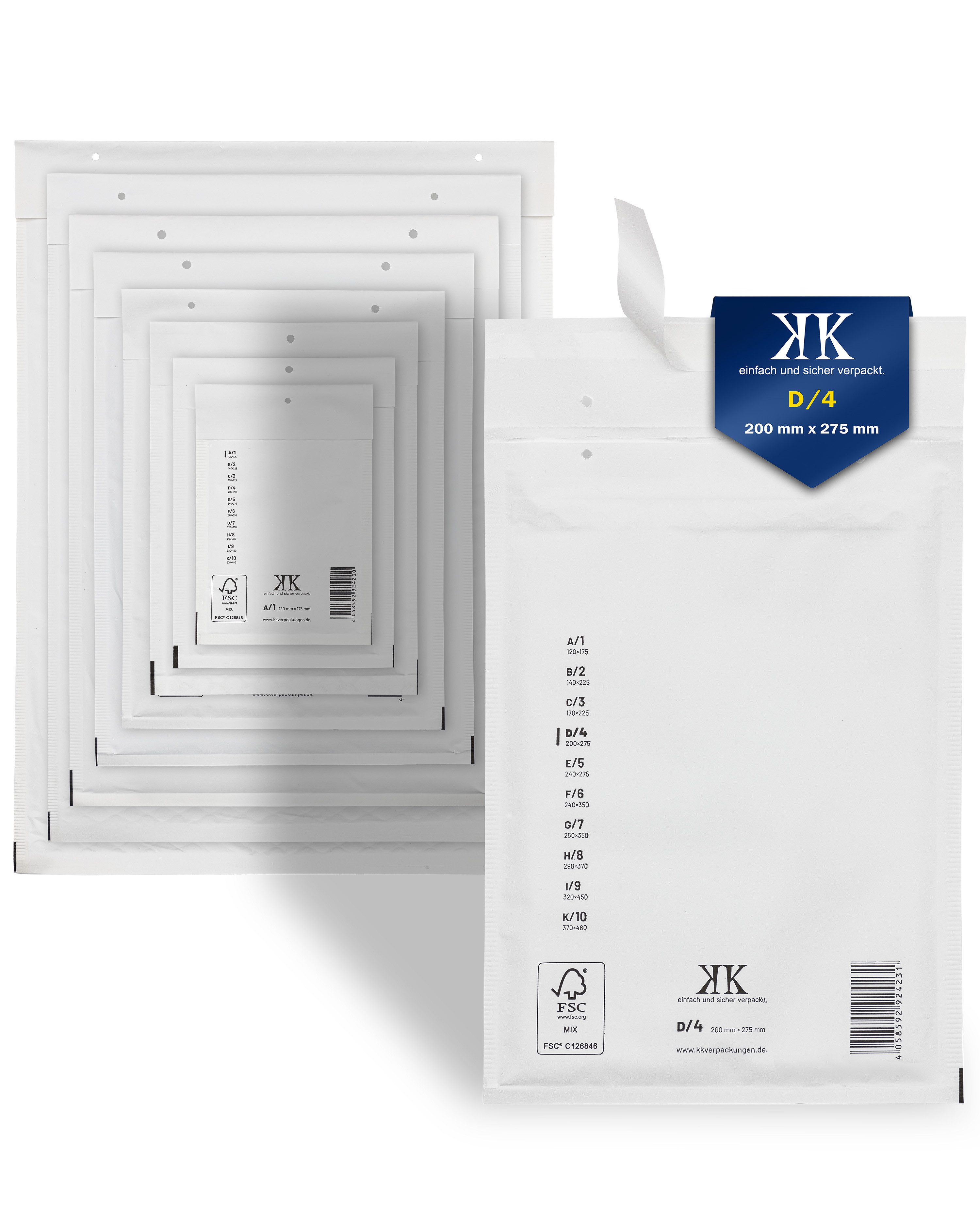 KK Verpackungen Versandtasche, 100 Luftpolster-Versandtaschen D4 D/4 200x275mm (Außenmaß) Weiß