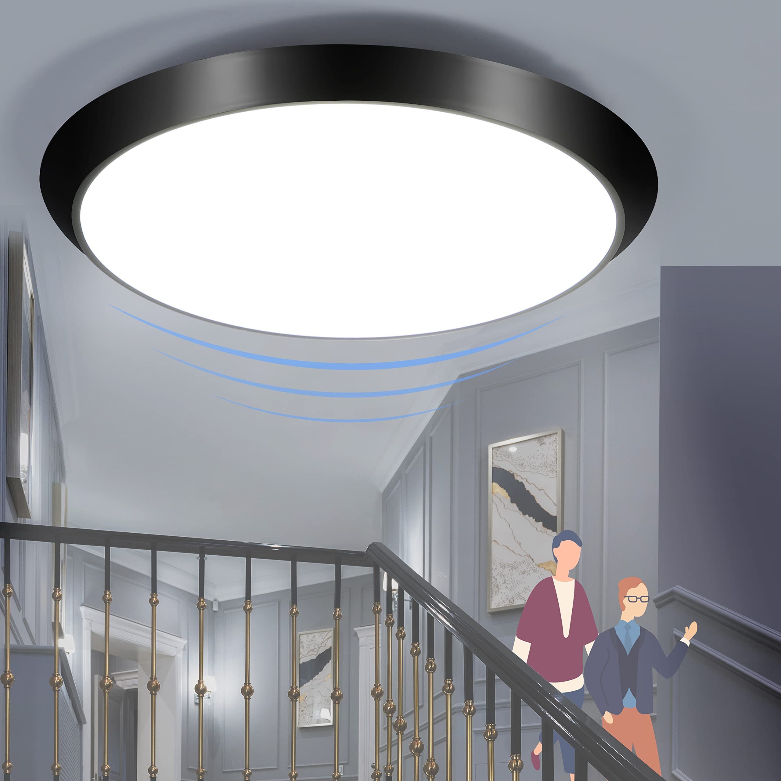 Nettlife LED Deckenleuchte Neutralweiß mit bewegungsmelder Schwarz innen 4000K 15W, IP44 Wasserdicht, LED fest integriert, Neutralweiß, für Badzimmer Eingangs Treppe Flur