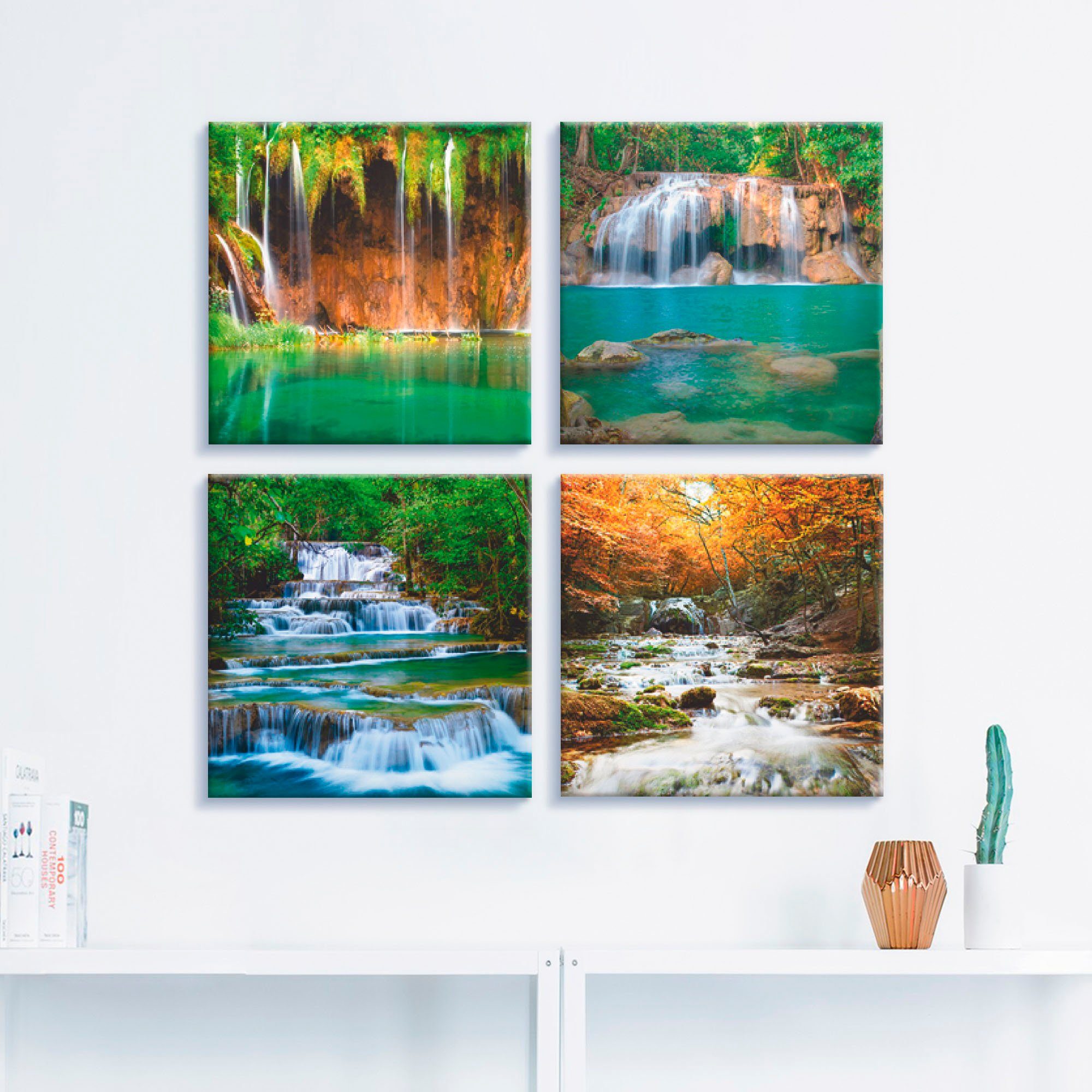 Artland Leinwandbild Schöner Wasserfall im Wald, Gewässer (4 St), 4er Set, verschiedene Größen