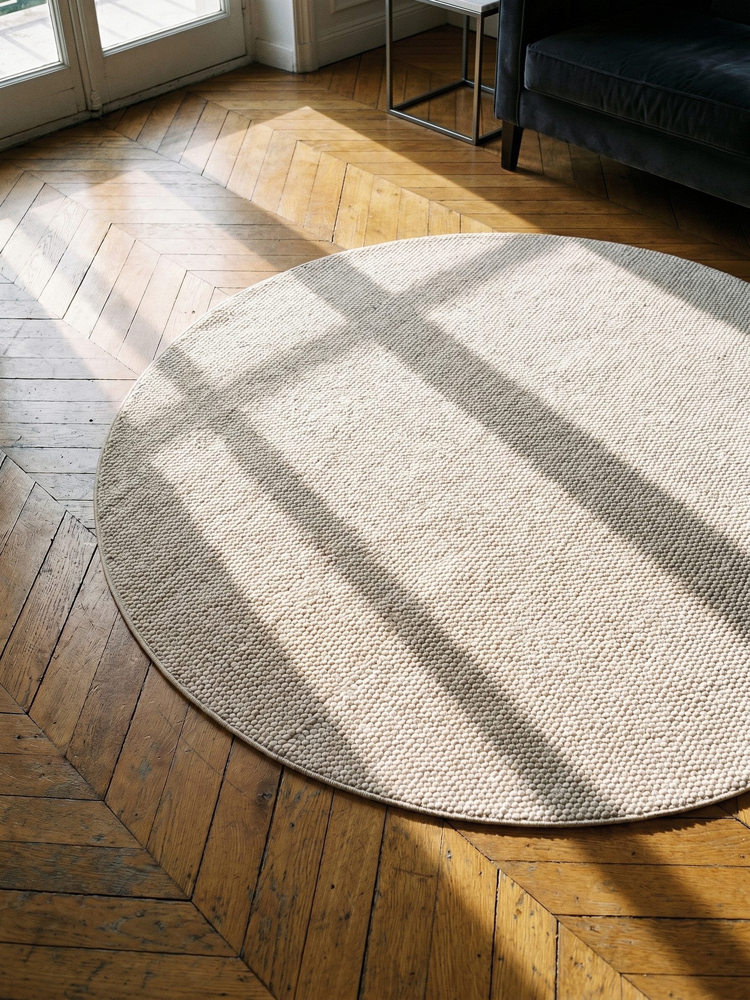 KADIMA DESIGN Teppich LANGAU Flachgewebe Kurzflor Berber Uni Meliert Wohnzimmer Pflegeleicht, Rund, Höhe: 7 mm, Creme, 200x200 cm, Saugroboter OEKO-TEX Fußbodenheizung
