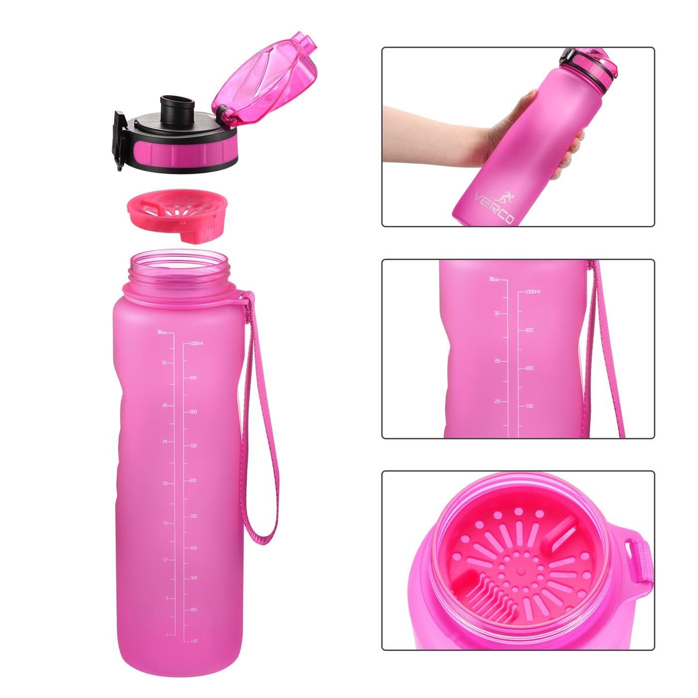 wiederverwendbar ml Trinkflasche BPA 650 Tritan Liter Wasserflasche Pink 0,65 VERCO Fruchtsieb Frei Flasche, nachhaltig Sport mit