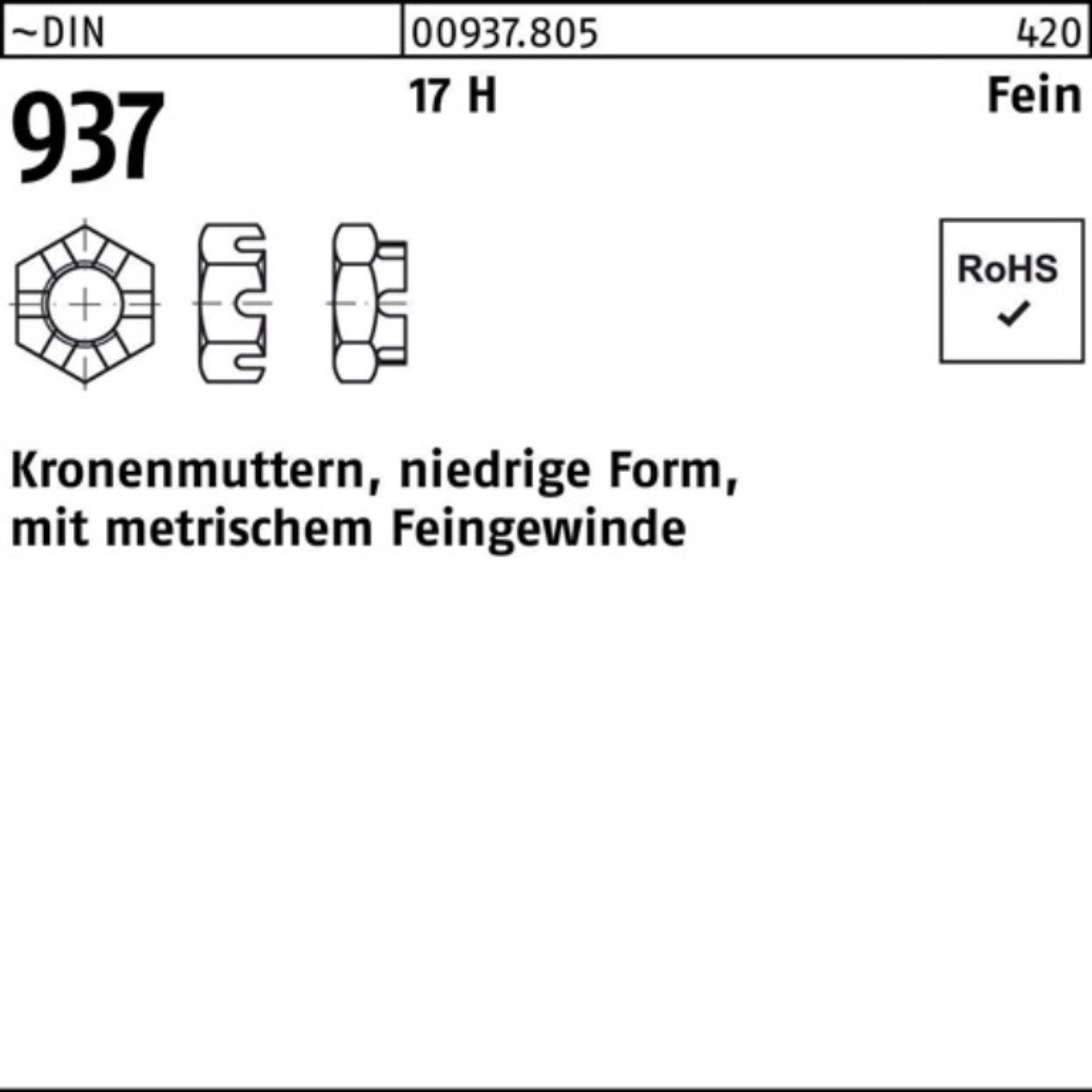 Reyher Kronenmutter 100er niedrige Feingew. H Pack 17 DIN 937 25 Kronenmutter FormM22x 1,5