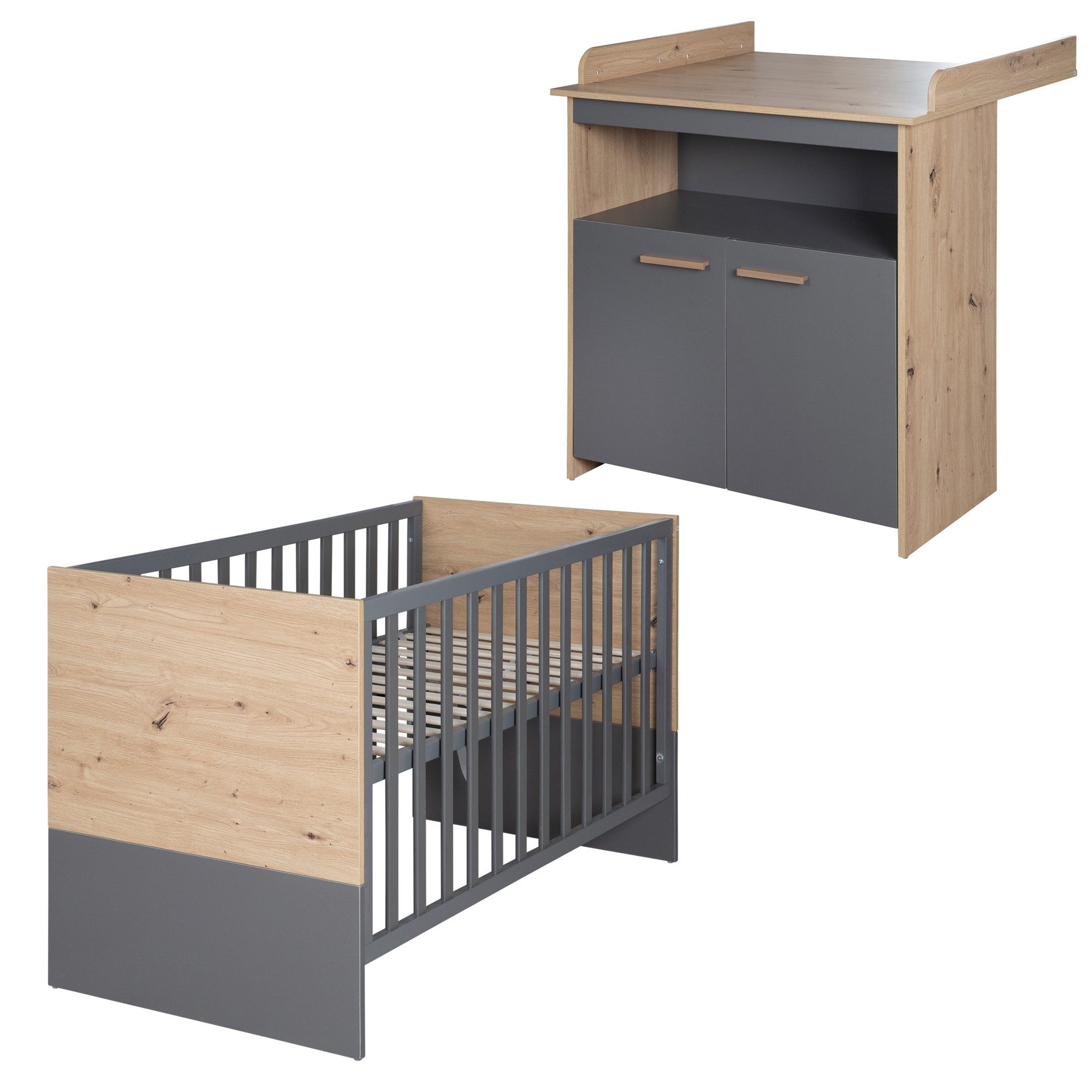 roba® Babymöbel-Set Anna - aus Holz - in Anthrazit mit Dekor Kent Eiche - moderne Optik, (2-teilig), Baby- & Beistellbett 60x120 cm & Wickelkommode - Anthrazit /Holzdekor