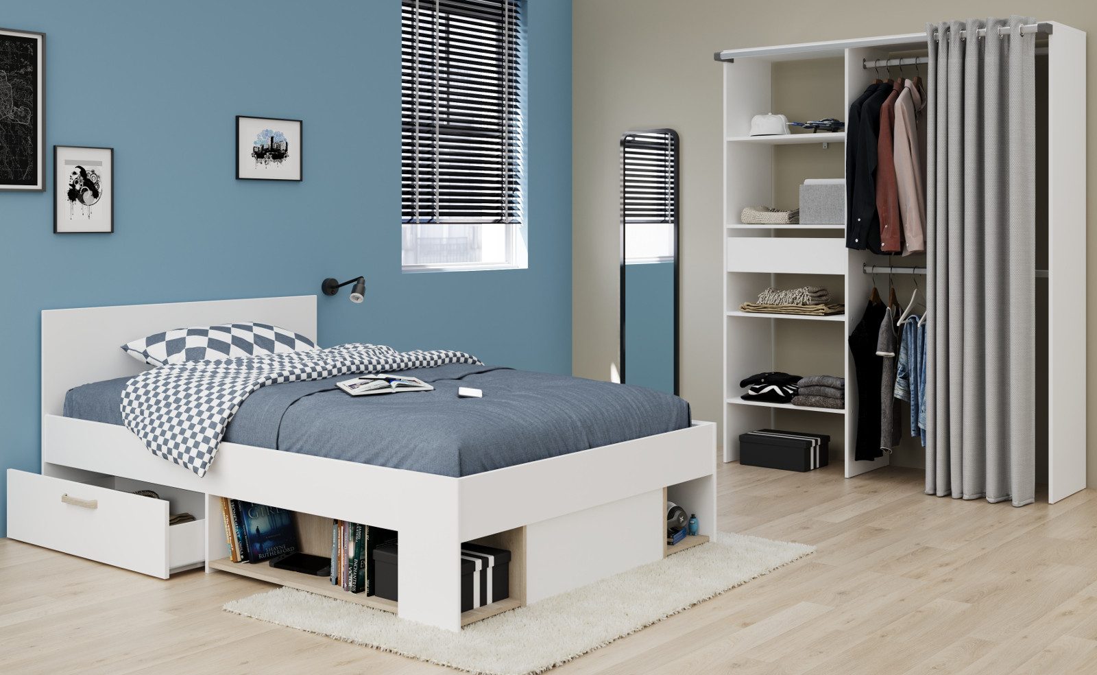 Parisot Schlafzimmer-Set Mika, (Kinder- und Jugendzimmer Set in Weiß mit Eiche, 2-tlg., Stauraumbett und Kleiderschrank), inklusive Bettschubkästen