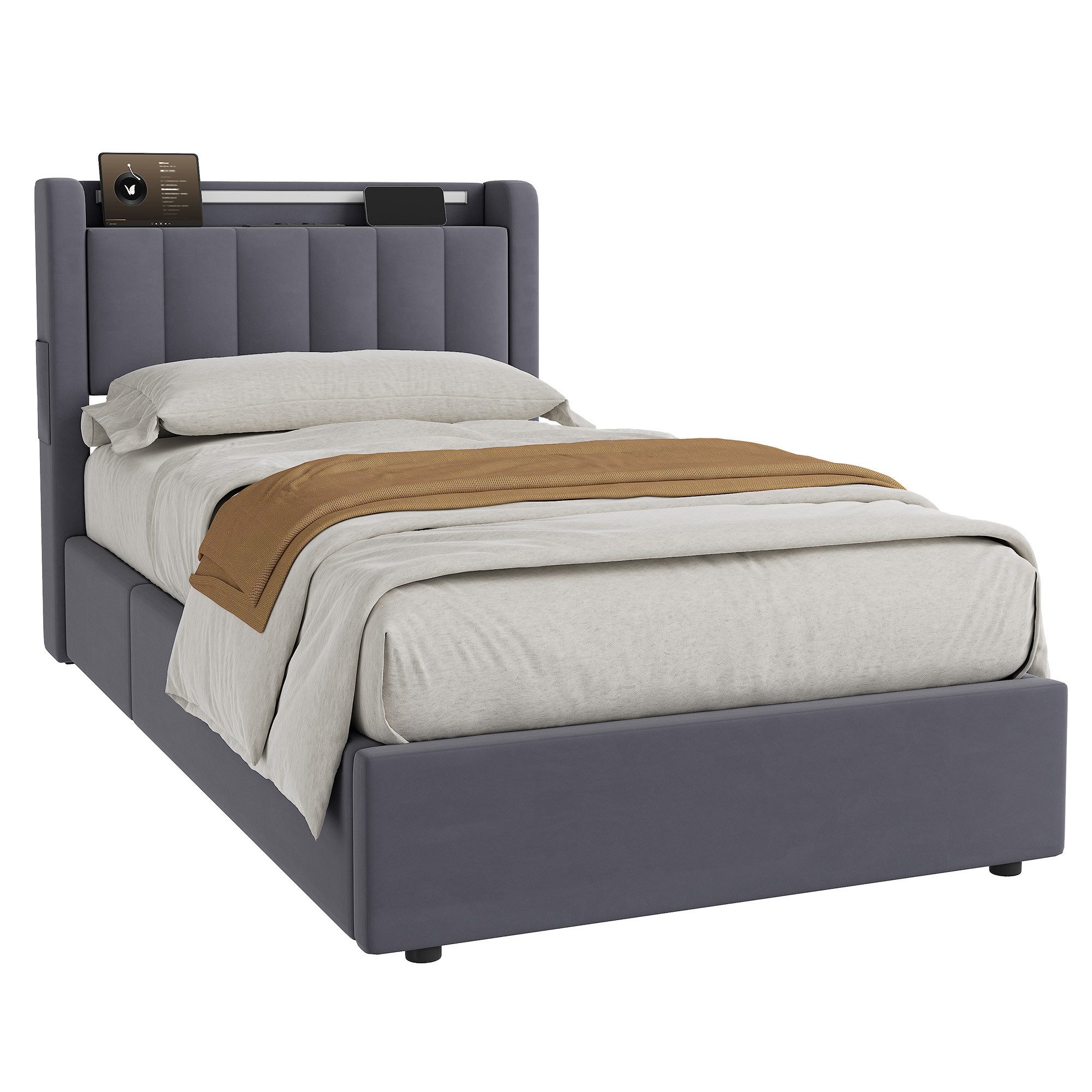 HAUSS SPOLE Polsterbett Stauraumbett mit Bettkasten,Einzelbett- oder Doppelbett erhältlich (90×200 Bettgestell Komfort-Einzelbett Schlafzimmerbett aus Samt, stabile Stahl-Holz-Konstruktion für hohen Schlafkomfort), Bettrahmen ohne Matratze