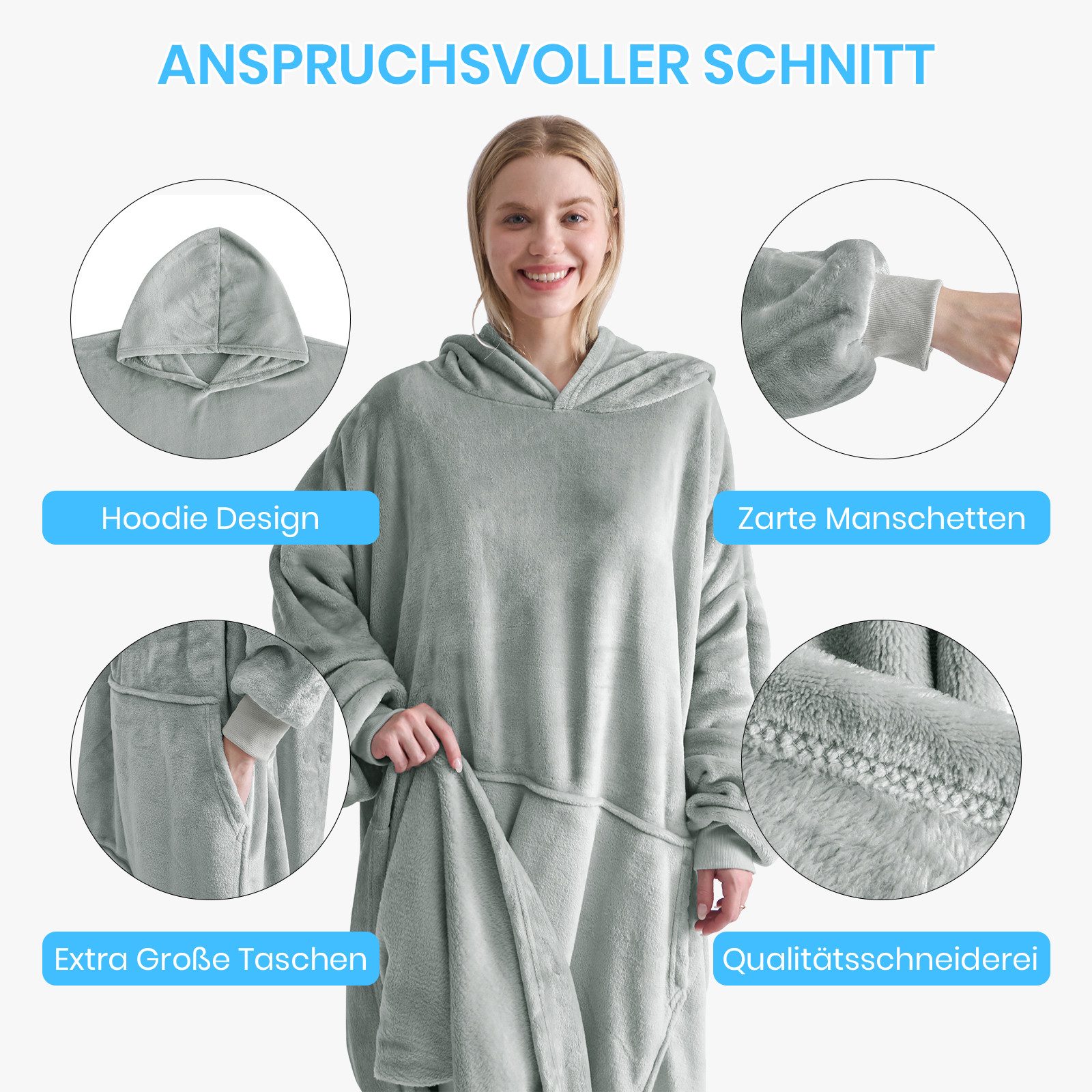 Wohndecke Hoodie Decke Damen Flanell Kuscheldecke mit Ärmeln, Good Nite, Kuschelige Hoodie-Decke, Mit Kapuze und Ärmeln, Oversize Passform
