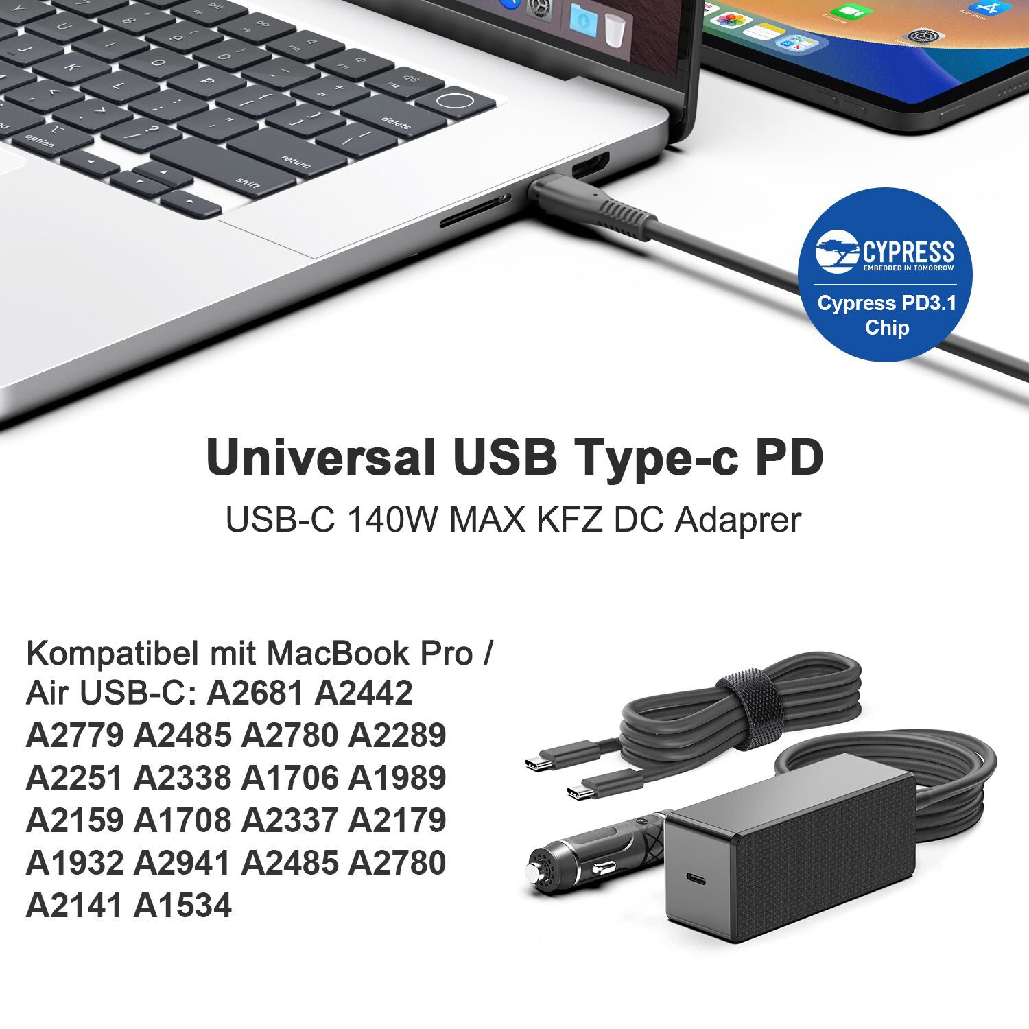 HKY PD140W 28V5A USB C für MacBook Pro/Air, HP Spectre, ThinkPad T490 KFZ-Netzteil (IdeaPad 3 Chromebook/ i-Pad mini 5/4, i-Pad Pro,i-Pad 2019,i-Pad 2020)