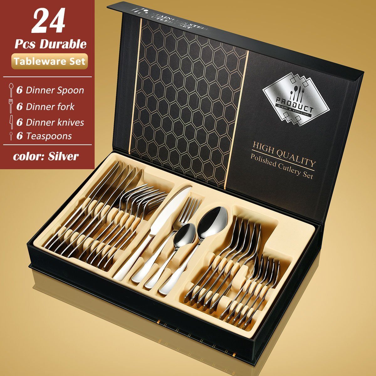 Faizee Möbel Besteck-Set Cutlery Set 24-teiliges Besteckset Set Service für 6 Gift Box (24-tlg), Edelstahl