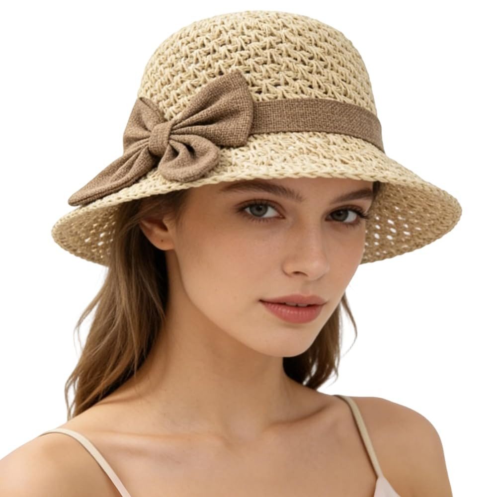 Zaewry Strohhut Sonnenhut Sommerhut Strandhut Straw hat, Damen faltbar, Einheitgröße Mit Bogen,Damen-Strandhut, Reisehut für den Sommerurlaub