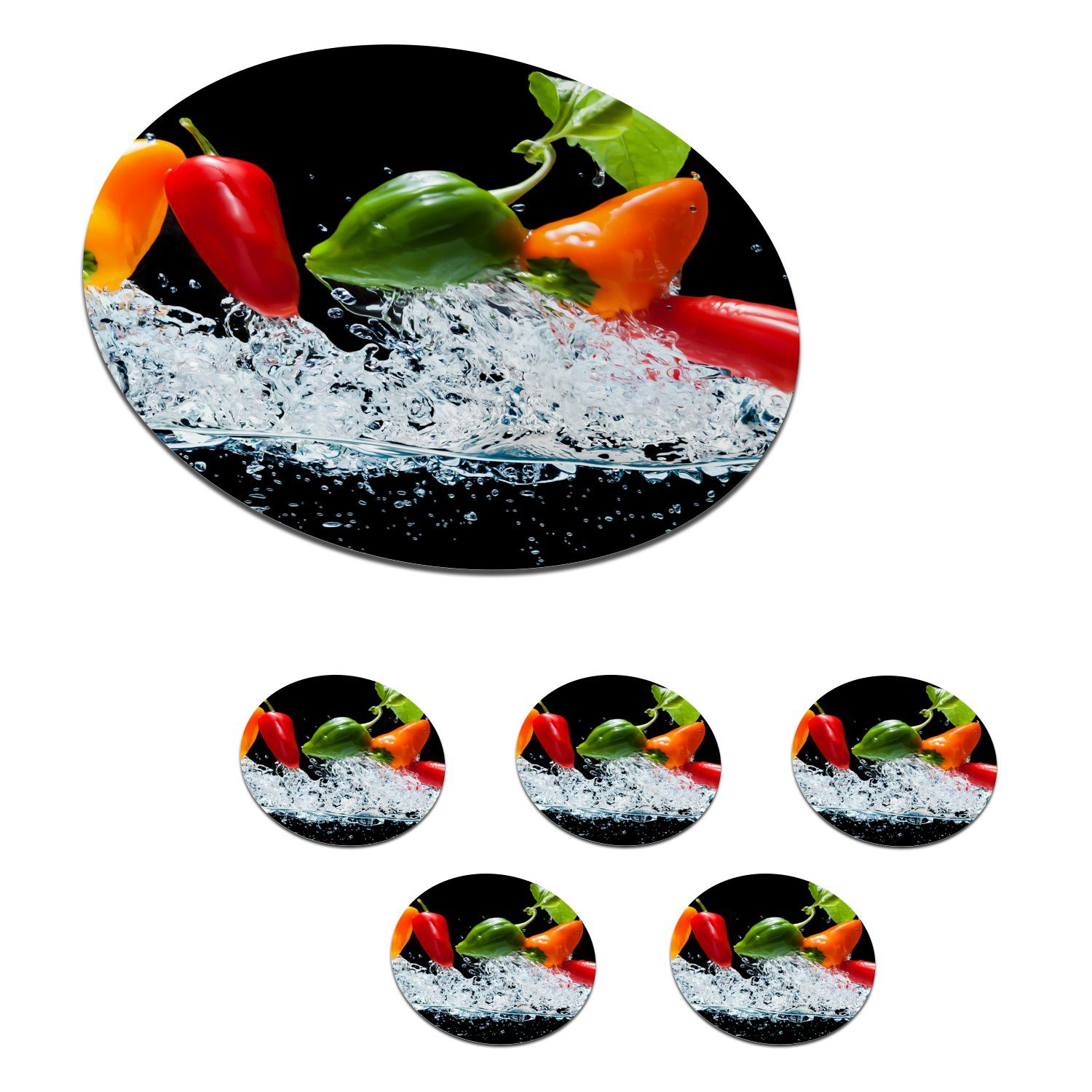 MuchoWow Glasuntersetzer Paprika - Schwarz Korkuntersetzer, - 6-tlg., Getränkeuntersetzer, - Tasse, - für Zubehör Becher Wasser Gläser, Tassenuntersetzer, Blatt, Gemüse