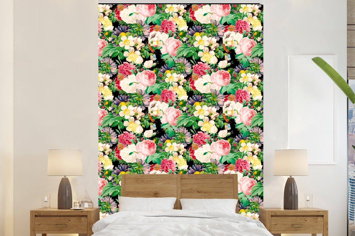 MuchoWow Fototapete Blumen - Frühling - Muster, Matt, bedruckt, (3 St), Montagefertig Vinyl Tapete für Wohnzimmer, Wandtapete | Fototapeten