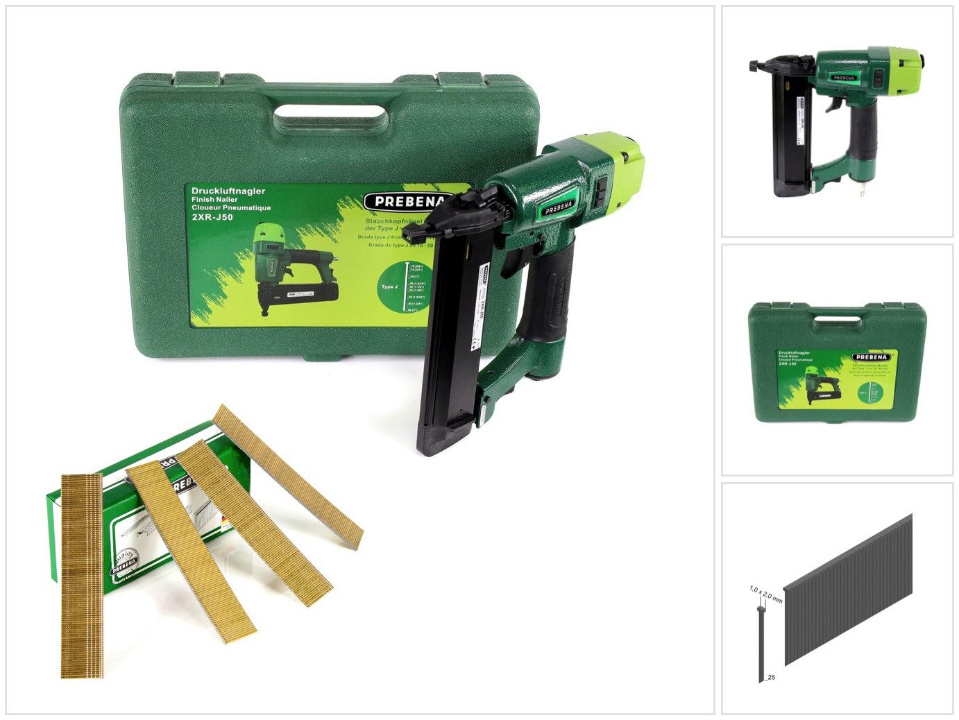 Prebena Druckluft-Nagler 2XR-J50 Druckluftnagler im Transportkoffer + Prebena Stauchkopfnägel