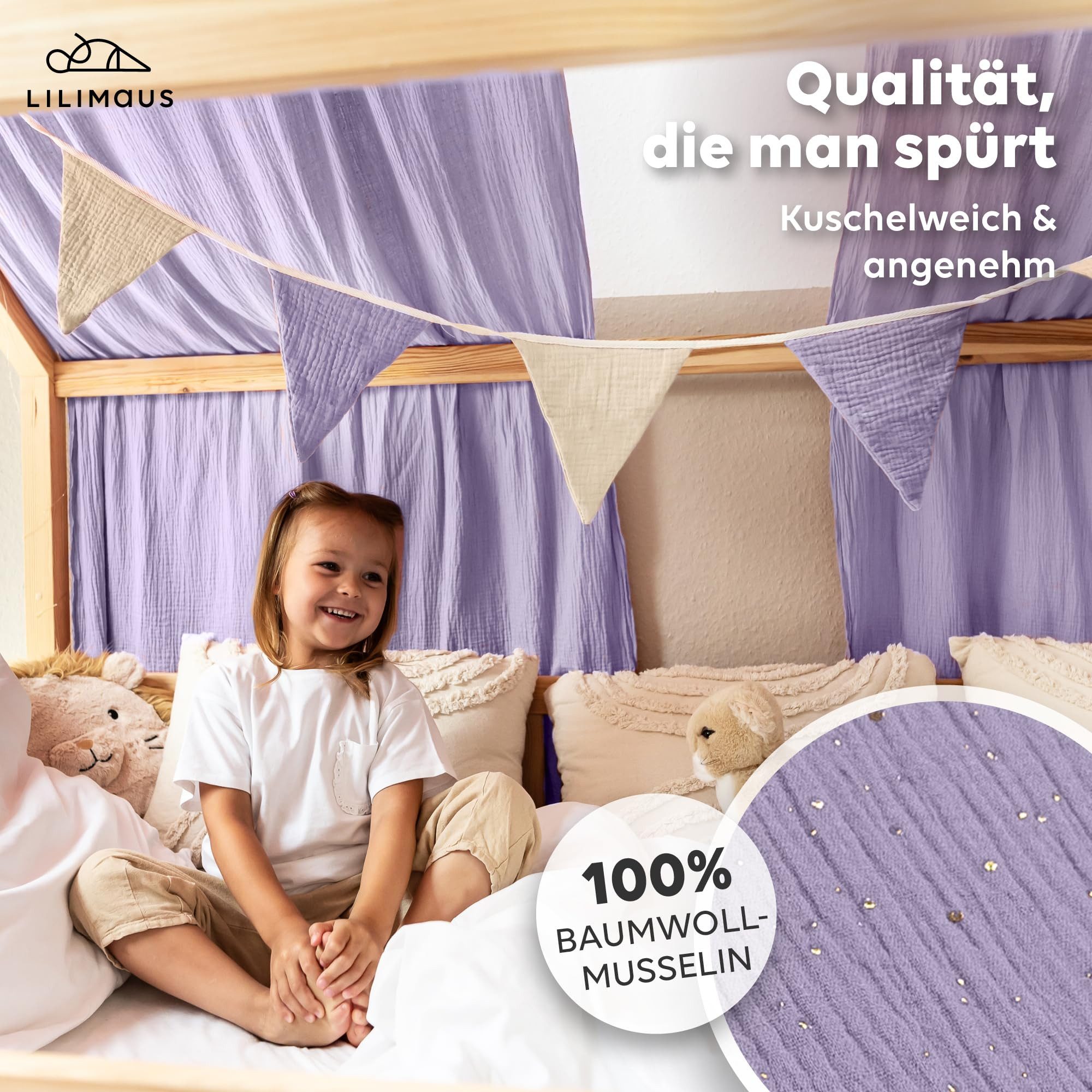 lilimaus Betthimmel Hausbett Himmel Gold aus 100% Musselin Baumwolle - 12 Farben (1-tlg), Musselin Hausbett Himmel mit Goldsternen, handgenäht
