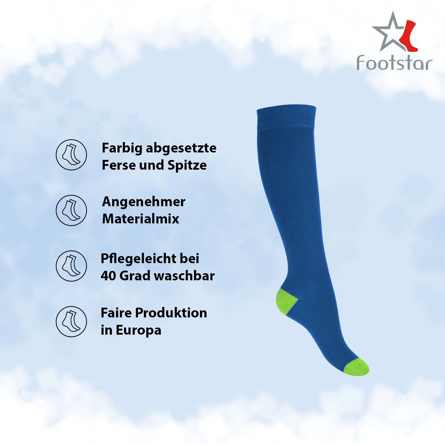 Footstar Langsocken Kinder Baumwoll Kniestrümpfe (5 Paar) abgesetzte Ferse/Spitze – Bild 2 von 4