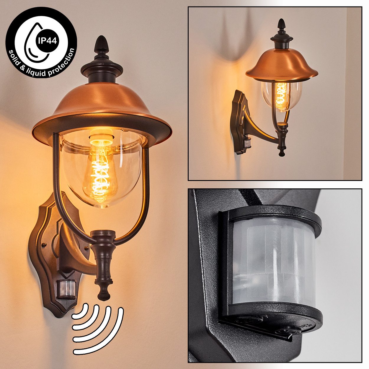 hofstein Außen-Wandleuchte Außenwandlampe Metall/Kunststoff in Schwarz/Kupfer/Klar, E27, IP44, ohne Leuchtmittel, Wandleuchte mit Bewegungsmelder im Vintage/Antik/Landhaus-Design