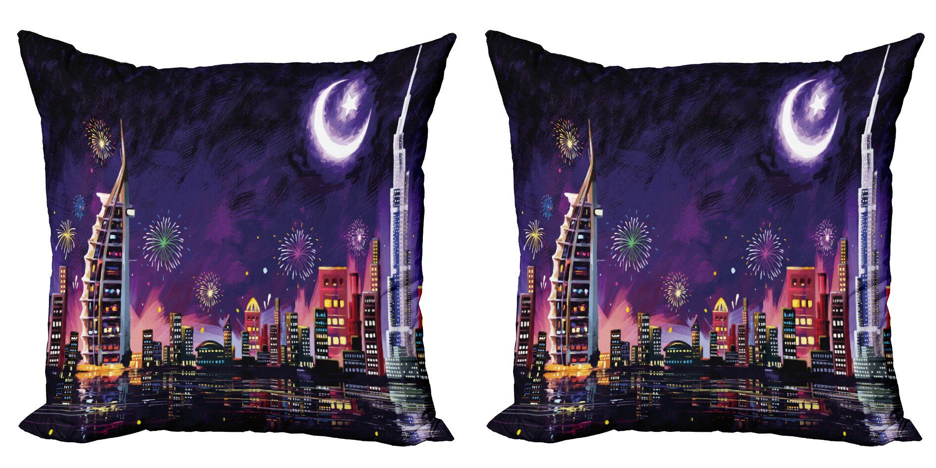 Kissenbezüge Modern Accent Doppelseitiger Digitaldruck, Abakuhaus (2 Stück), Landschaft Nacht Dubai Wolkenkratzer