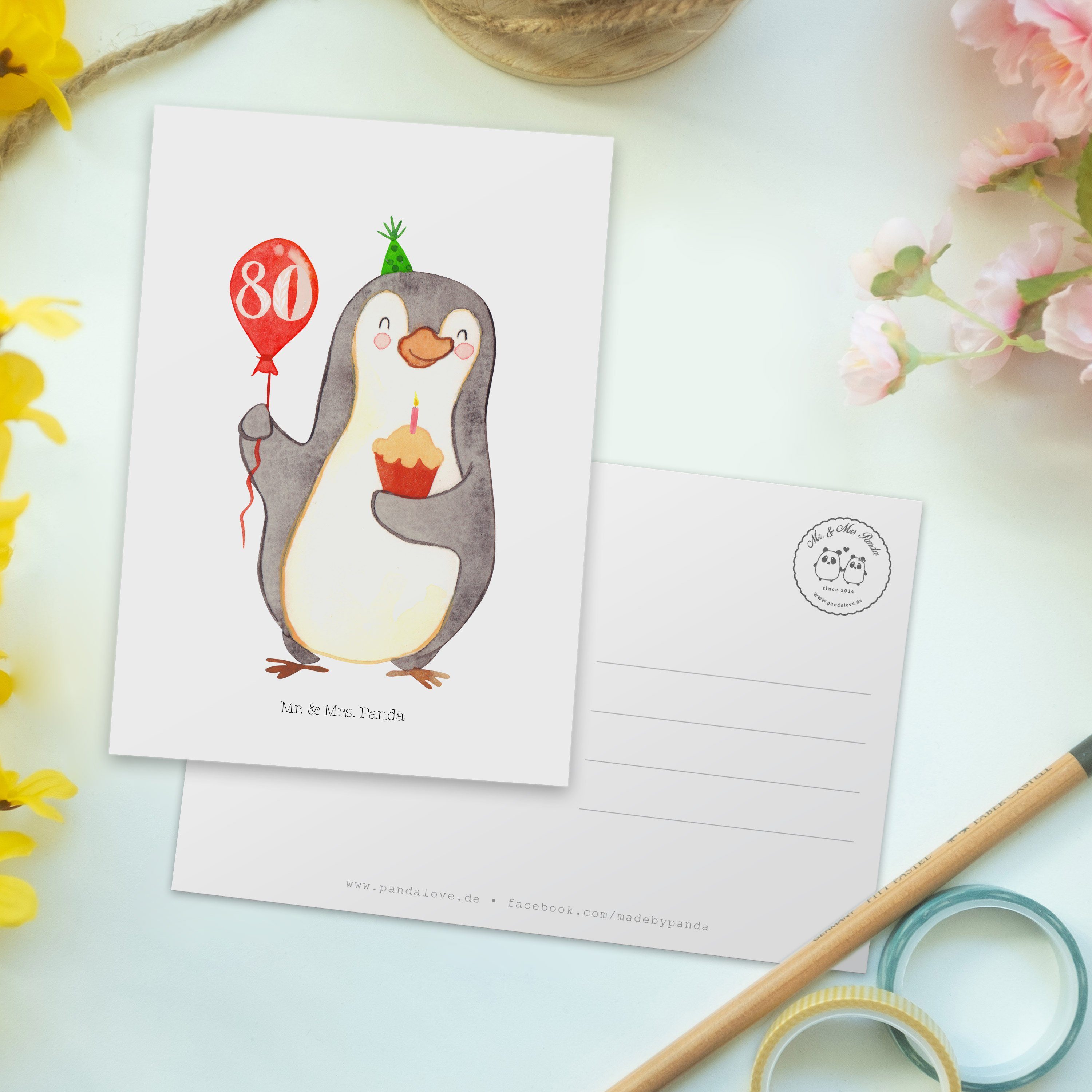 Panda Geb Mrs. Weiß Luftballon Postkarte - Geschenk, - Mr. & Dankeskarte, Geburtstag 80. Pinguin