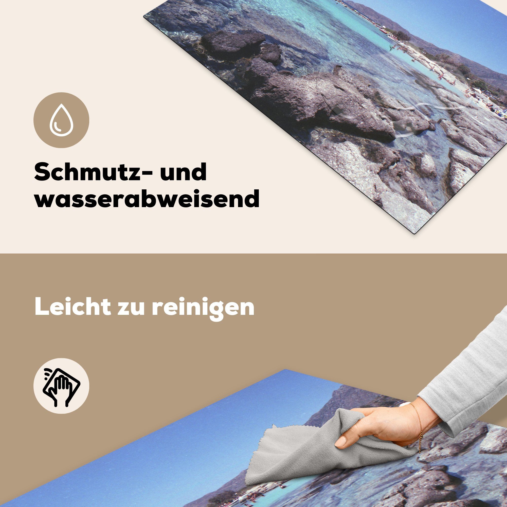 die Schutz von tlg), liegen Große küche, MuchoWow Felsbrocken Elafonisi, Induktionskochfeld Ceranfeldabdeckung cm, 81x52 für Herdblende-/Abdeckplatte (1 am Vinyl, Strand