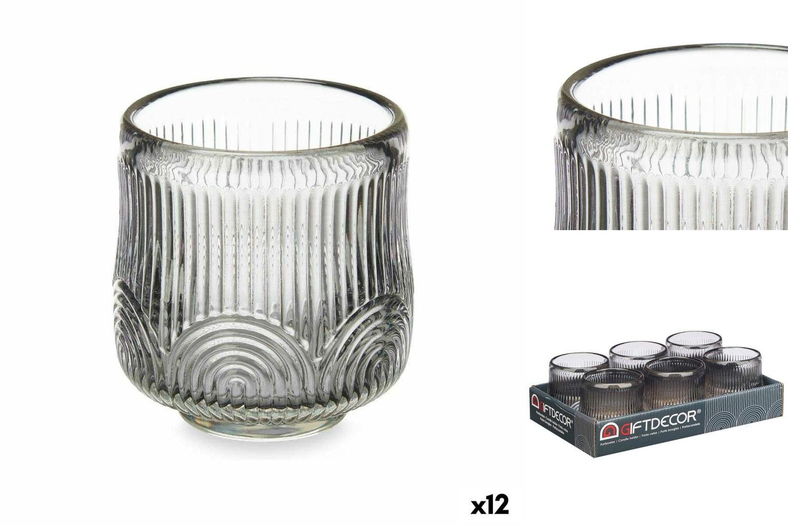 cm Gift x Stück Decor 12 x Kerzenschale Glas Grau 7,8 Windlicht Streifen 7,5 7,5