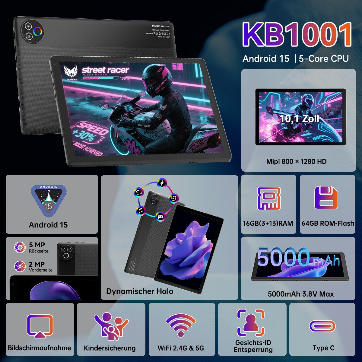 BUFO 10 Zoll 20 (3+17) GB RAM 64 GB ROM 1 TB Erweiterbar WiFi 6 Android 15 Tablet (10", 64 GB, Android 15, Dual-band (5GHz/2.4GHz) Wi-Fi, 5-Kern-Prozessor, 1280x800 HD IPS, Dual-Kamera)