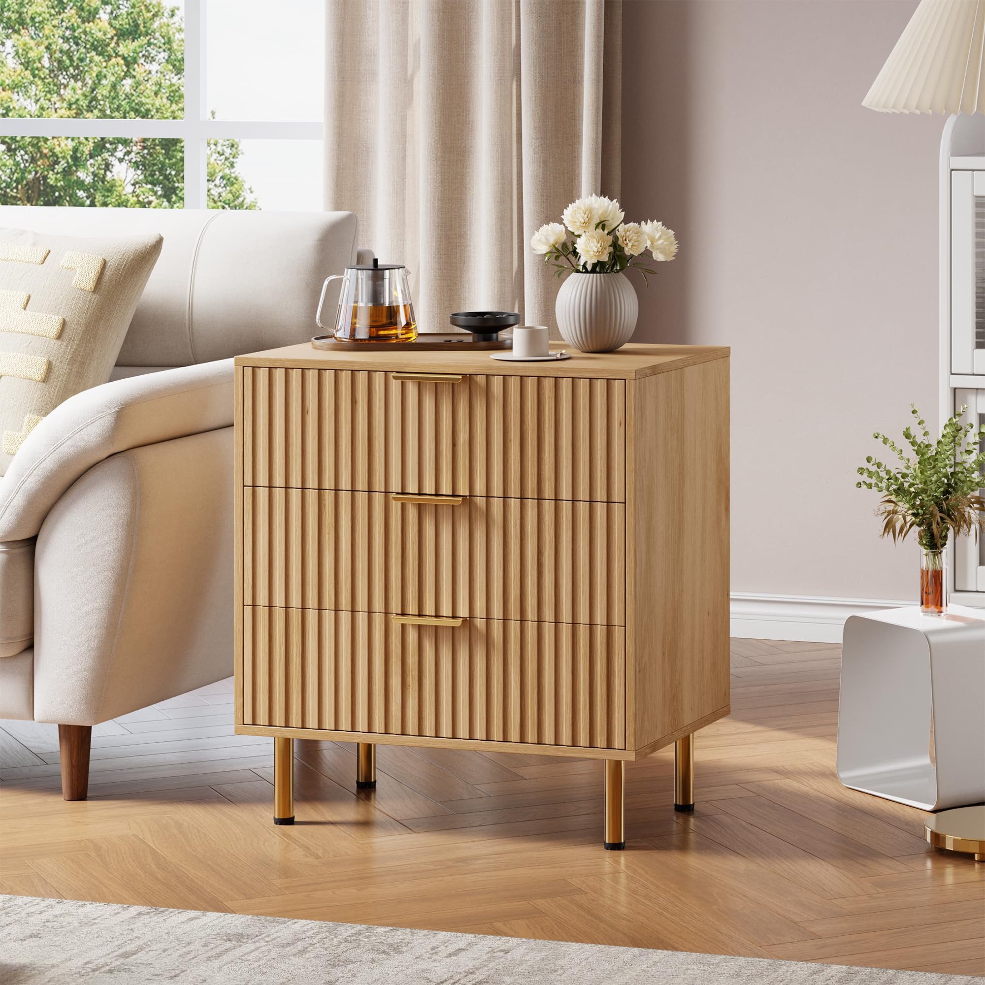 GarveeMore Kommode mit 3 Schubladen,Metallgriffen,Holzaufbewahrungsschrank, 70x40x75CM Geriffelte Kommode Beistelltisch für Wohnzimmer, Flur