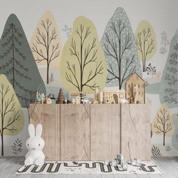 Unik Nordic Kindertapete Vliestapete Wald Pastell (250/280/300 cm Höhe) #1039, glatt, grafisch, (Komplettsatz für eine Wand, Vlies, Fototapete, ausdünstungsfreier Druck), Geeignet für alle typischen Oberflächen. Auch Decken oder Schrägen.