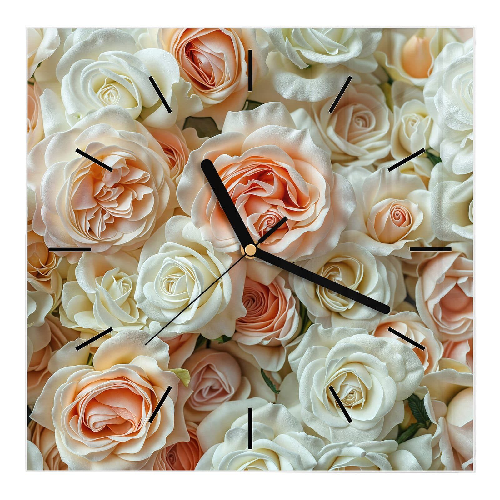 Wanduhr Glasuhr Wanduhr Wandkunst Größe 30 x 30 cm mit Motiv Rosenbouquet