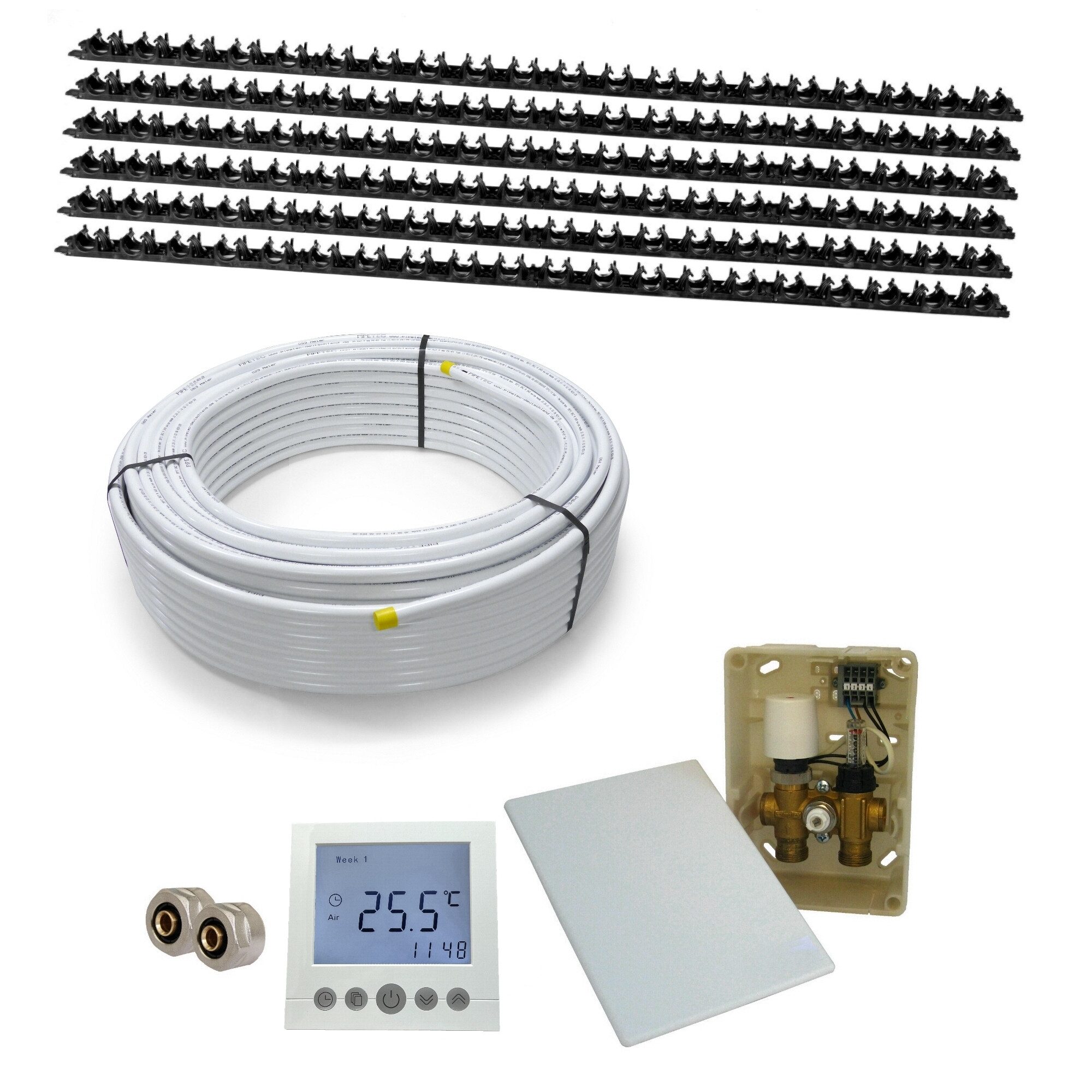 HoWaTech Warmwasserfußbodenheizungen CLAMP Warmwasser Flächenheizung Komplettset E-Regelbox Digital, (Komplett Set), extrem geringes Eigengewicht