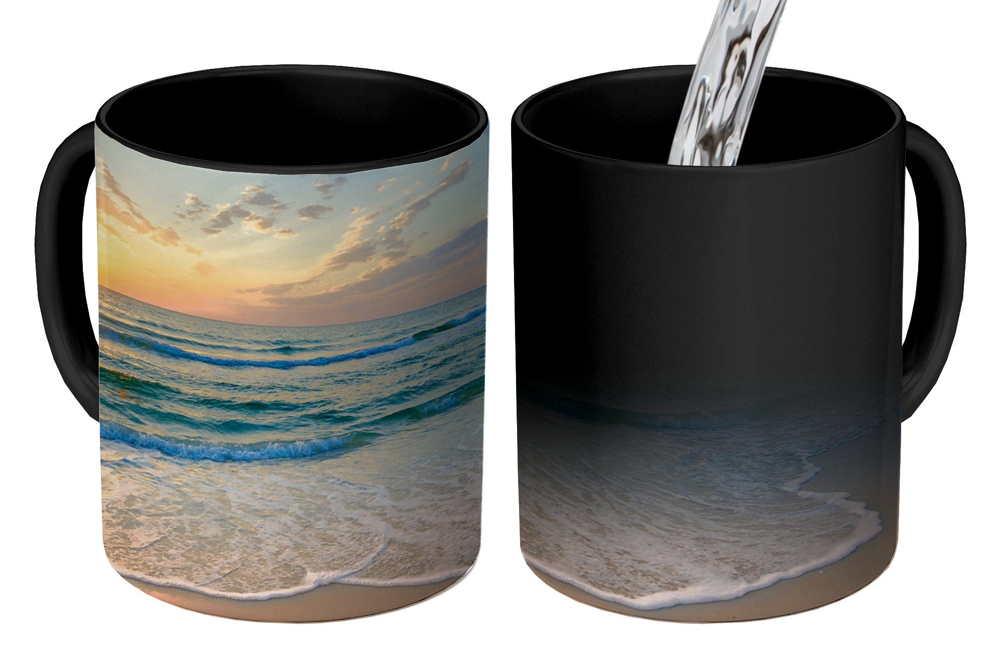 MuchoWow Tasse Strand - Meer - Sonnenuntergang - Golf, Keramik, Farbwechsel, Kaffeetassen, Teetasse, Zaubertasse, Geschenk