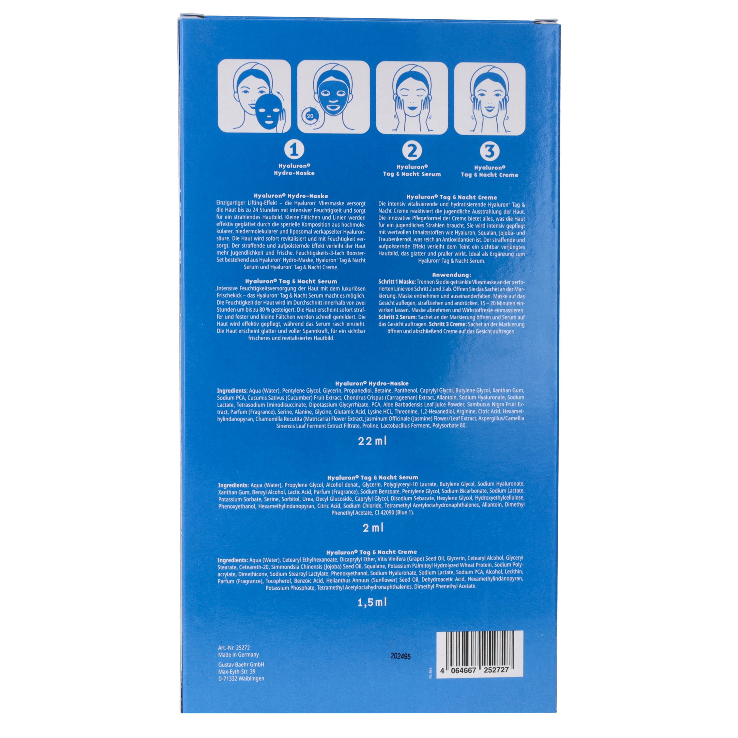 BAEHR BEAUTY CONCEPT Gesichtsmaske Baehr Beauty Concept Hyaluron+ 3-in-1 Hydro-Masken 5 Stk Straffender, aufpolsternder Effekt, 3-tlg., Kombination aus Maske, Serum und Creme
