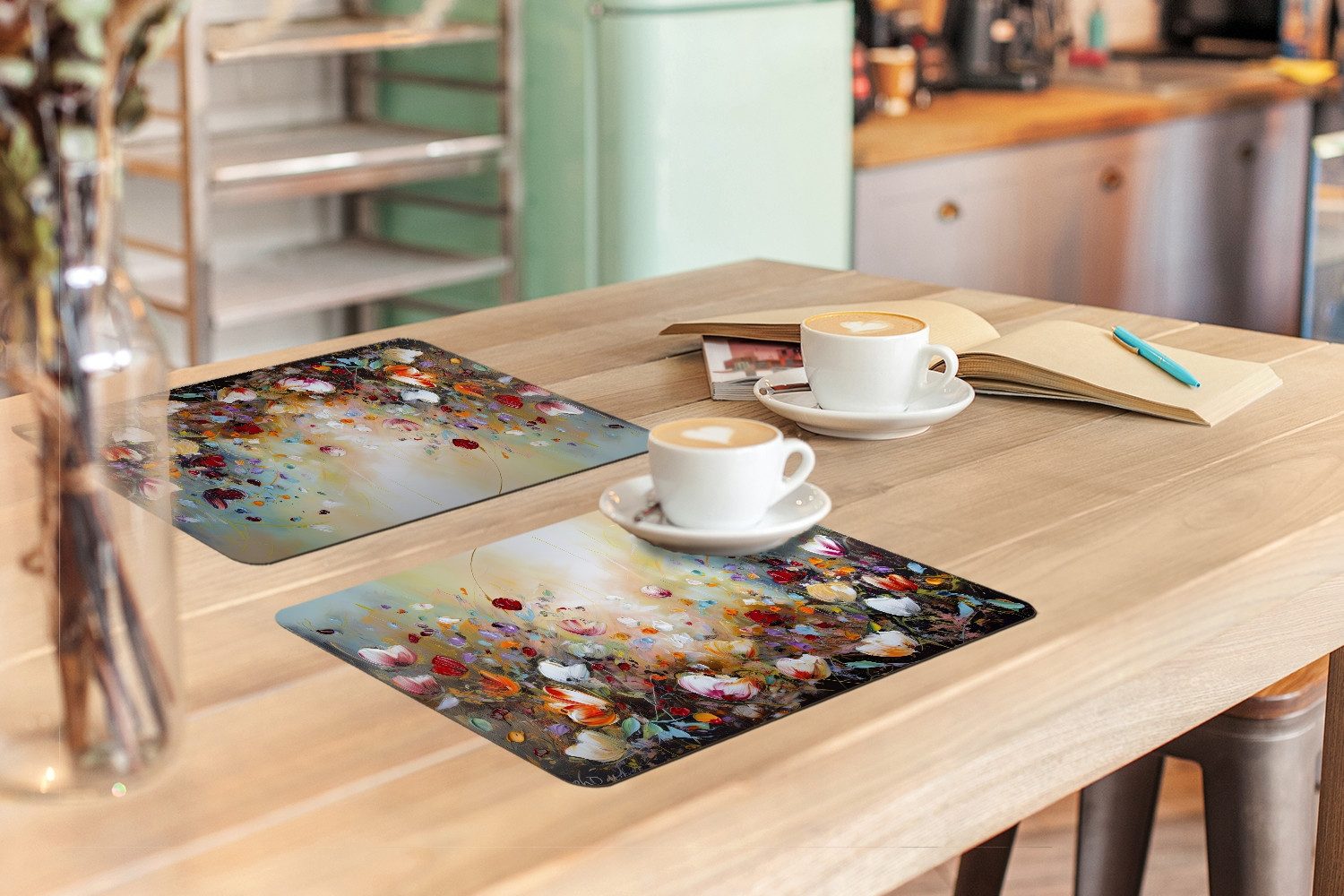 MuchoWow Platzset Ölfarben - Blumen - Farbenfroh - Natur, (6-St), Platzsets, Tischset, Abwaschbar, Tischsets, Platzdeckchen