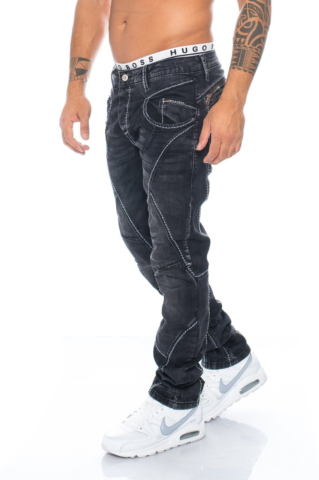 Kontrastnähte & Hose Cipo und Dicke Baxx Herren Waschung aufwendiger Nahtstruktur mit Jeans Regular-fit-Jeans