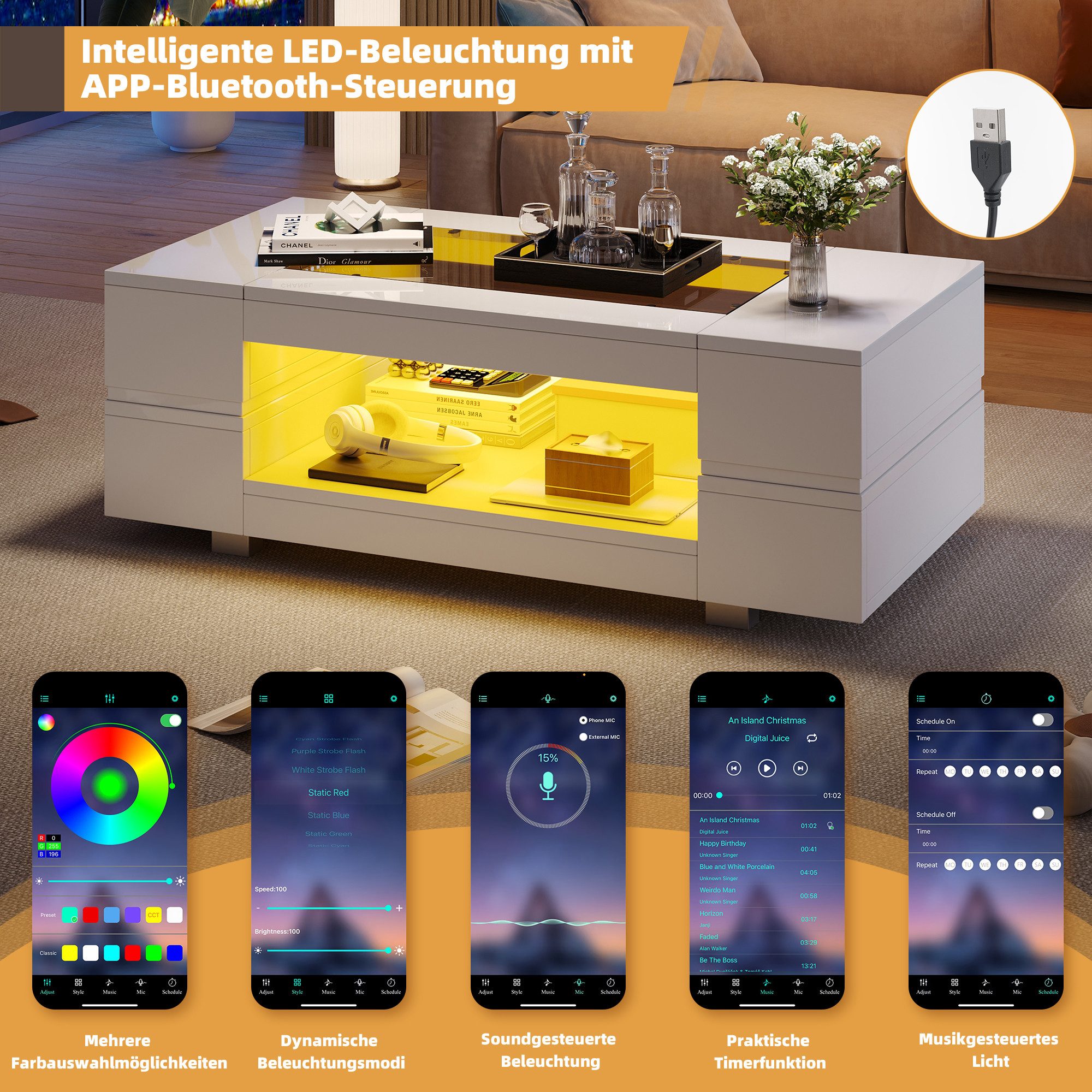 Merax Couchtisch hochglanz Sofatisch Beistelltisch mit LED-Beleuchtung (1-St., 1 Tisch), Wohnzimmertisch mit Stauraum & Glas, 100x50x35cm – Bild 5 von 5
