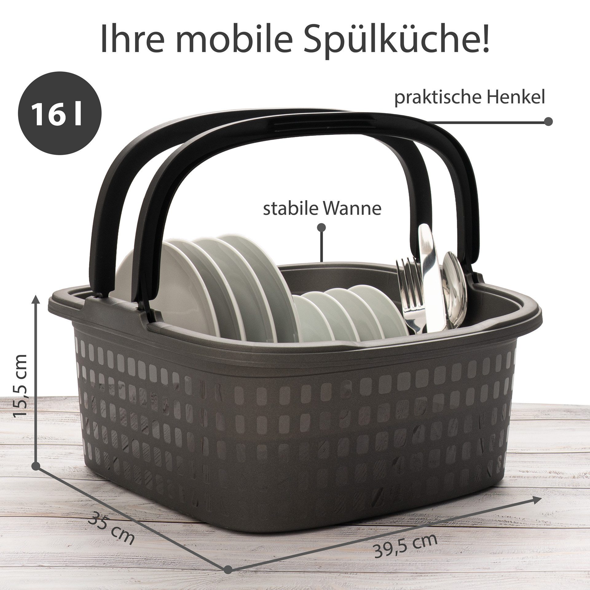 Hausfelder Waschbecken Spülwanne Anthrazit + Abtropfgitter weiß + 4er Set Spülbürsten (6er Set, 6-St., Wanne + Abtropfgestell + 4 Spülbürsten), Komplettes Spül-Set: Wanne mit Henkeln, Abtropfgestell, 4 Spülbürsten
