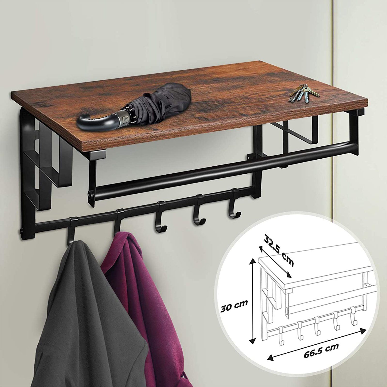 MIADOMODO Garderobenpaneel MIADOMODO® Wandgarderobe Haken x 30 32cm 66.5 5 mit x Ablage - mit