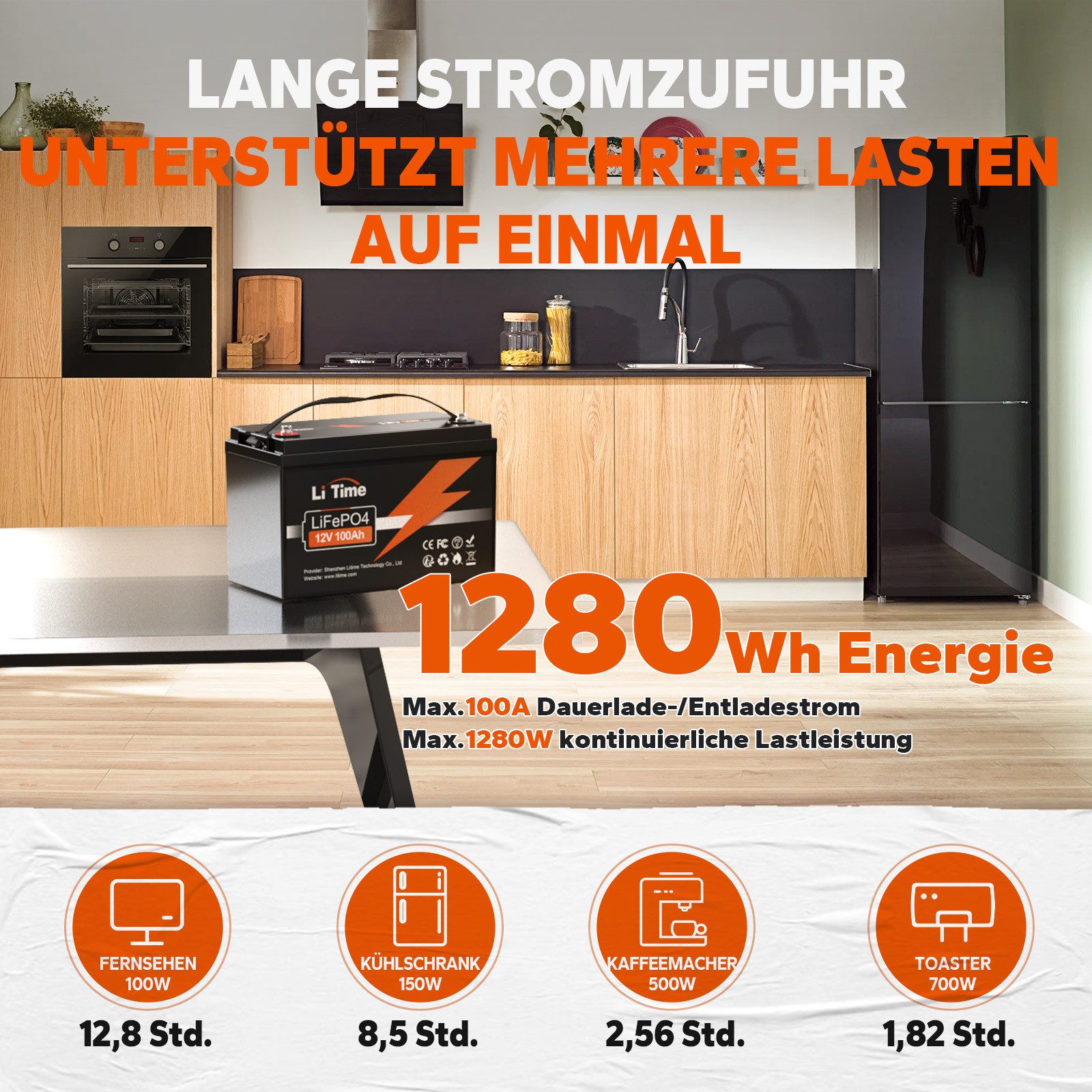 LiTime 12V 100Ah LiFePO4 Batterie mit BMS IP65 1280Wh Stromspeicher Solarakkus (12 V), L329*B172*H214 mm, für Wohnmobile, Boote, Wohnwagen und Solaranlagen
