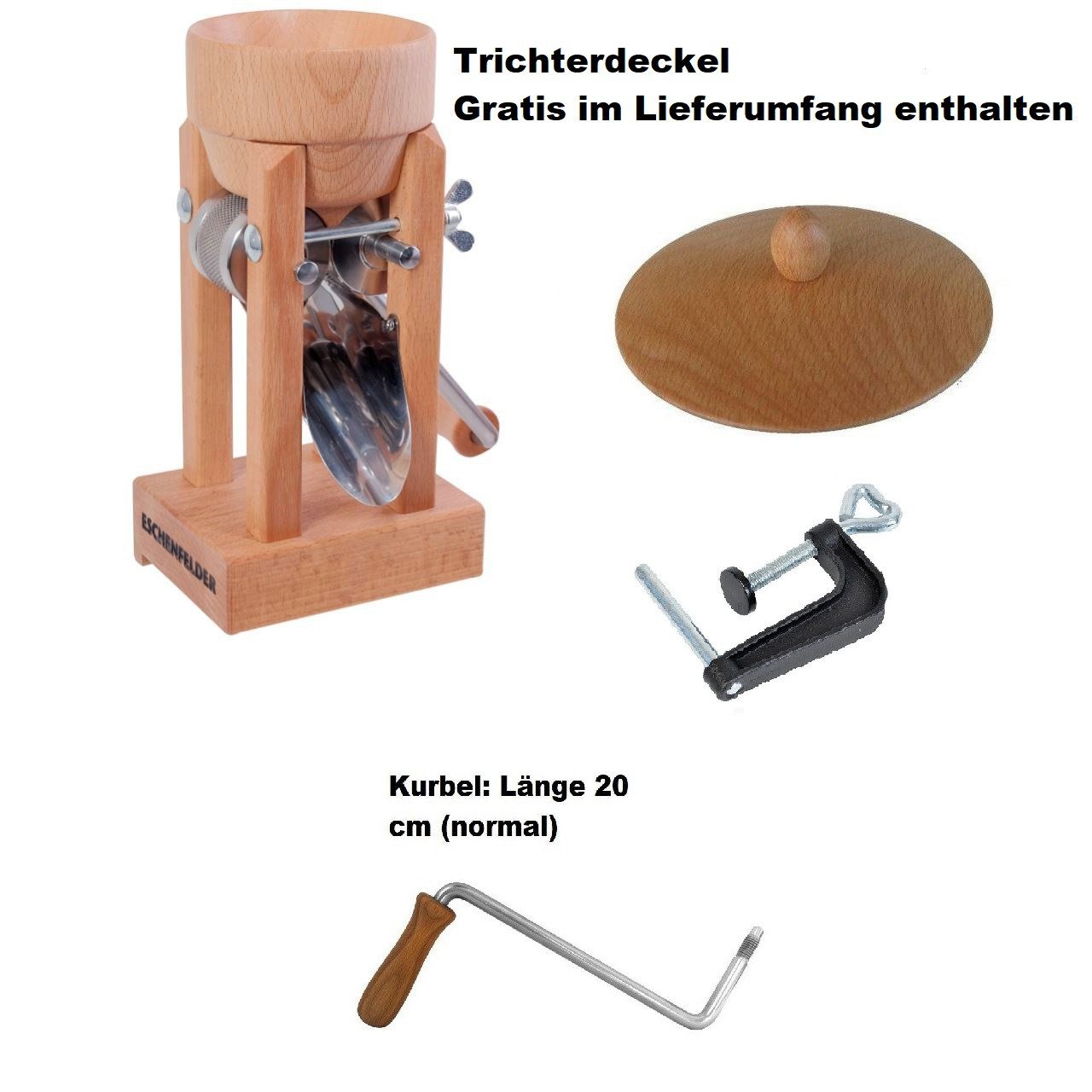 Eschenfelder Getreidemühle Kornquetsche Flockenquetsche Tischmodell Holztrichter abnehmbar Set Manuell, (4 Stück), Kurbel 20-25cm, Tisch-Schraubzwinge, Reinigungsbürste, Trichterdeckel