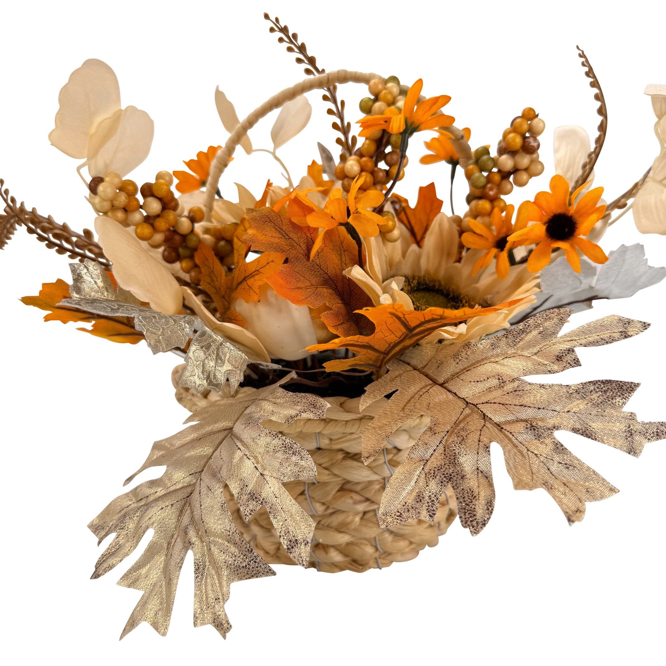 Kunstblumenstrauß - Deko Korb mit künstlichen Blumen & LED Lichterkette, Herbstdeko - Herbstlaub, Sonnenblumen, Crysanthemen, Online-Fuchs, herbstlicher Blumenk – Bild 3 von 4