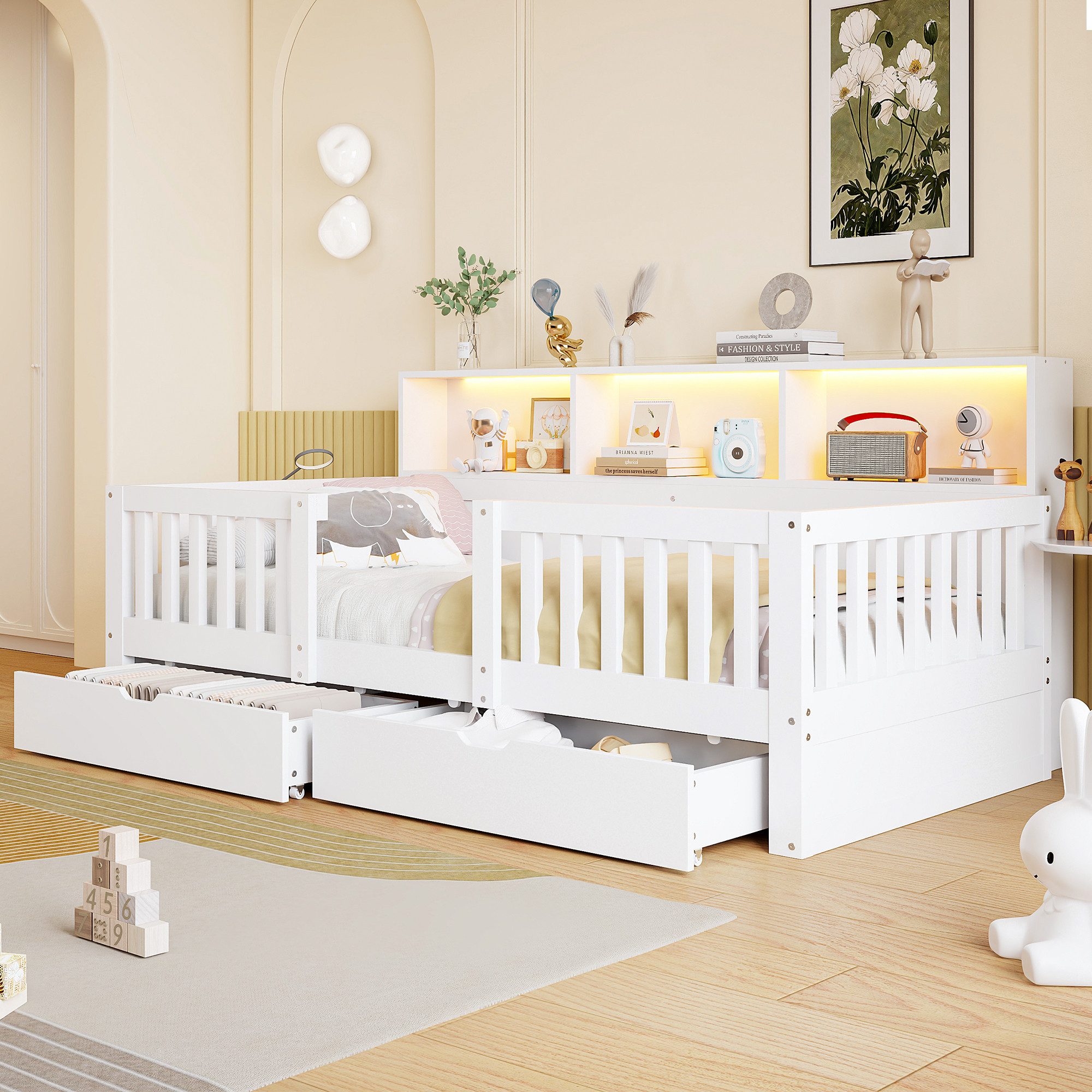STILVORA Kinderbett 90×200 mit Stauraum Funktionbett Jugendbett, ohne Matratze (Einzelbett, Schutzgitter, Rückenlehne mit Ablagen, Holz, 2 Schubladen, LED-Beleuchtung, viel Stauraum), für Kinderzimmer, Jugendzimmer, Gästezimmer und Schlafzimmer