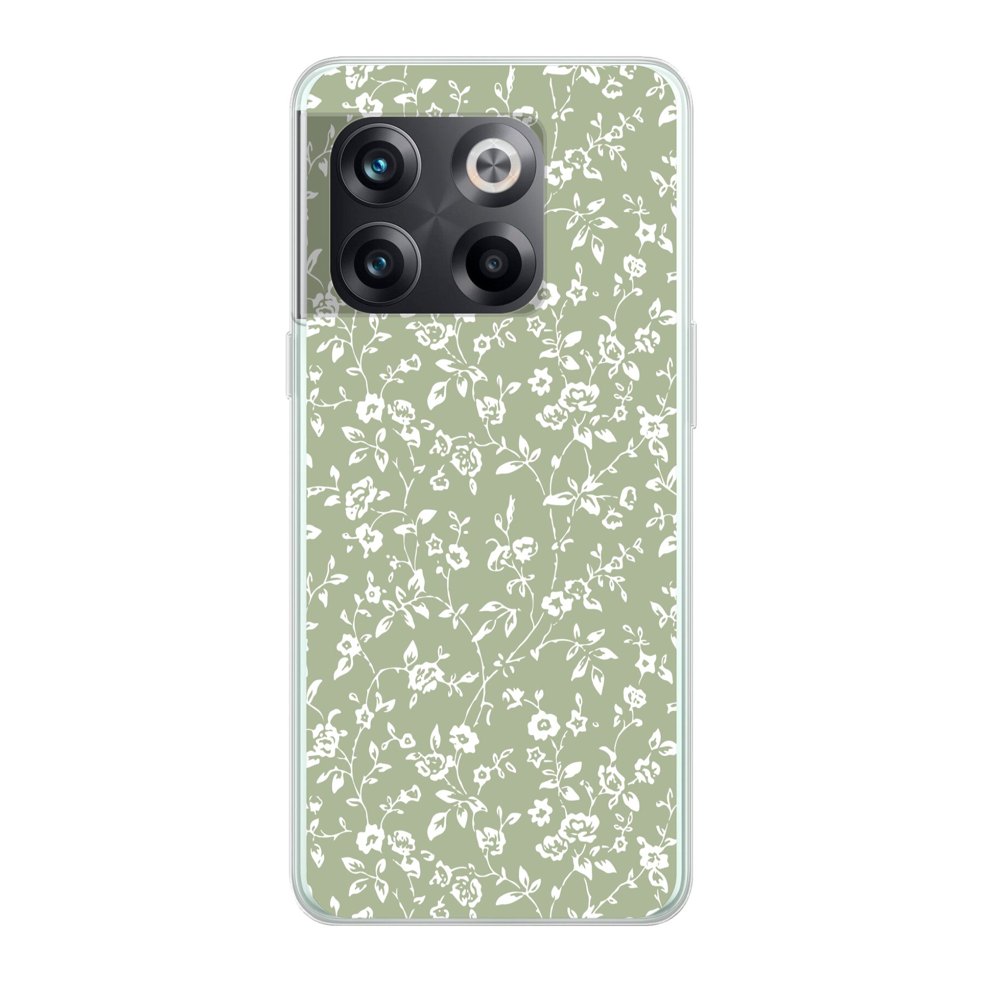MuchoWow Handyhülle für OnePlus 10T Blumen - Druck - Grün - Weiß, Phone Case, Silikon, Schutzhülle Dünn