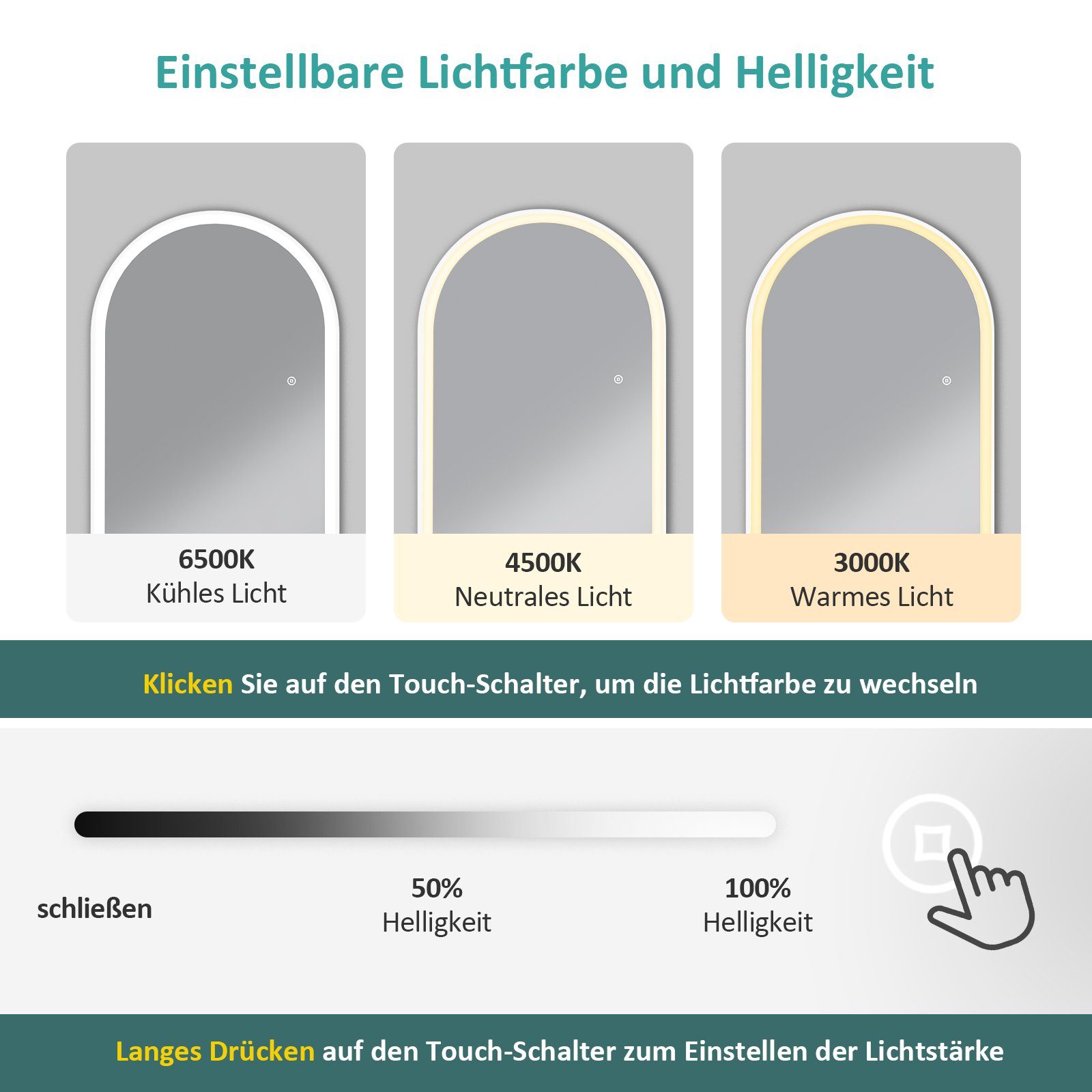 EMKE Standspiegel Bogen Standspiegel Ganzkörperspiegel mit Beleuchtung, 3 Lichtfarbe Einstellbar Dimmbar, mit Rahmen aus Aluminiumlegierung