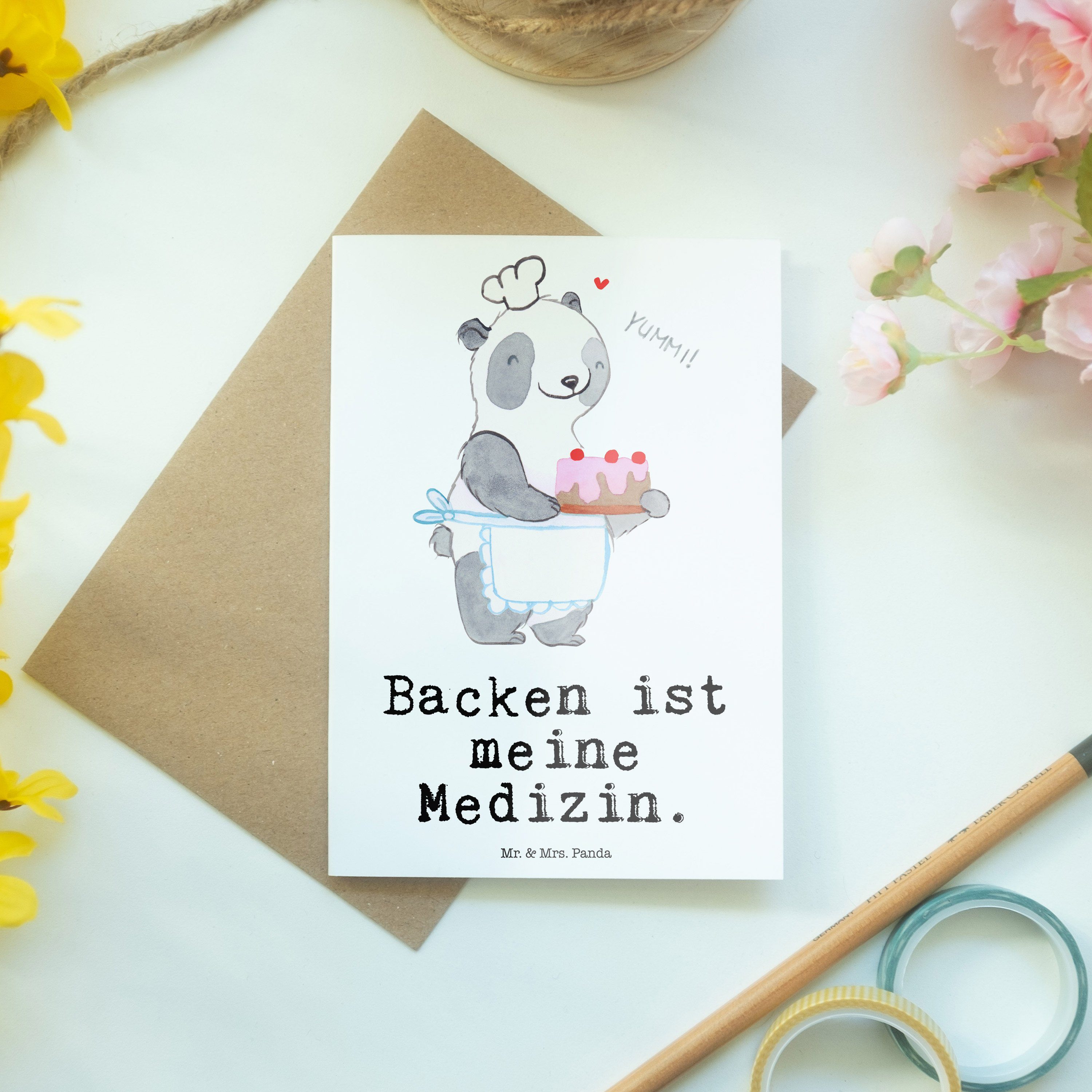 Mrs. Geschenk, Medizin Mr. Grußkarte Klappkarte - Weiß & Panda Panda - Geburtstagskarte, Backen