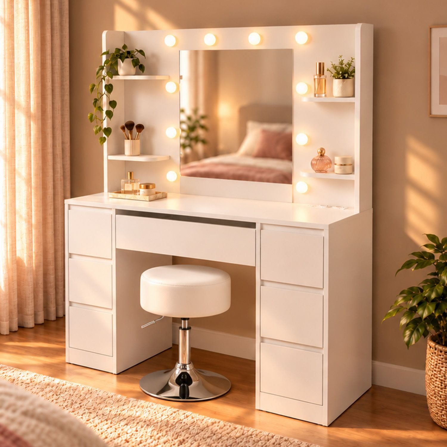 Juskys Schminktisch Malia mit Hocker Tonia in Weiß, LED-Spiegel, 7 Schubladen & USB-Port, Frisiertisch mit offenen Fächern, dimmbarem Licht & verstellbarem Sitz