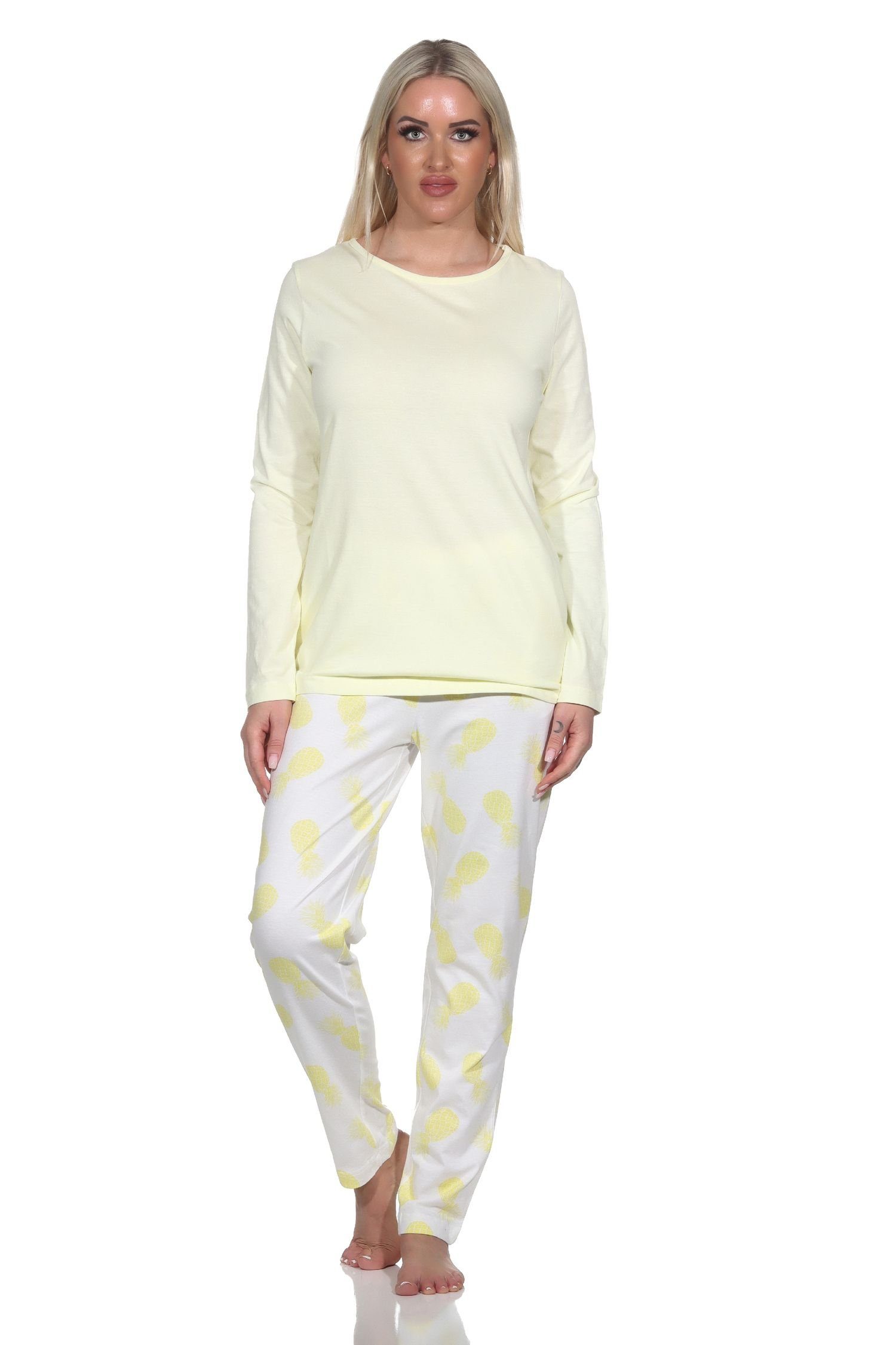 Normann Pyjama Damen Langarm Schlafanzug Homewear mit Ananas als Motiv gelb